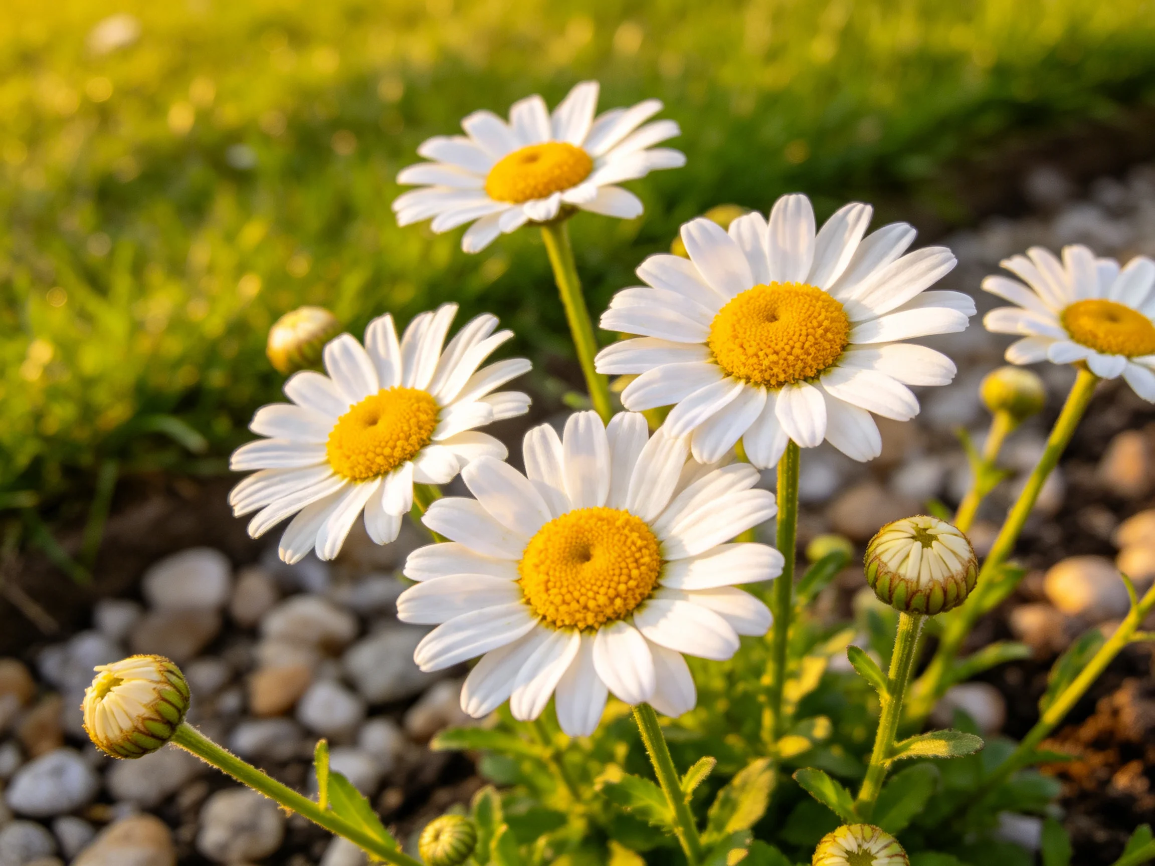 Five white daisies with golden centers bloom near pebbles and greenery