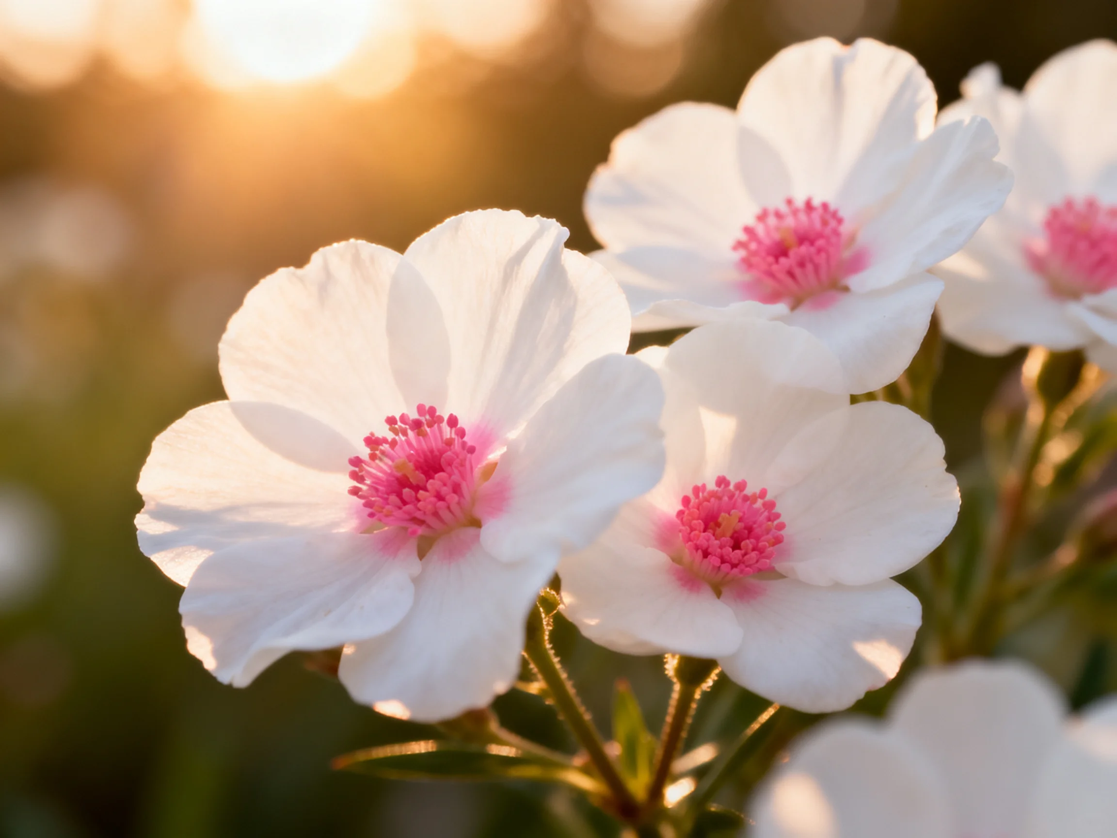 Five white flowers with pink centers illuminated by golden light