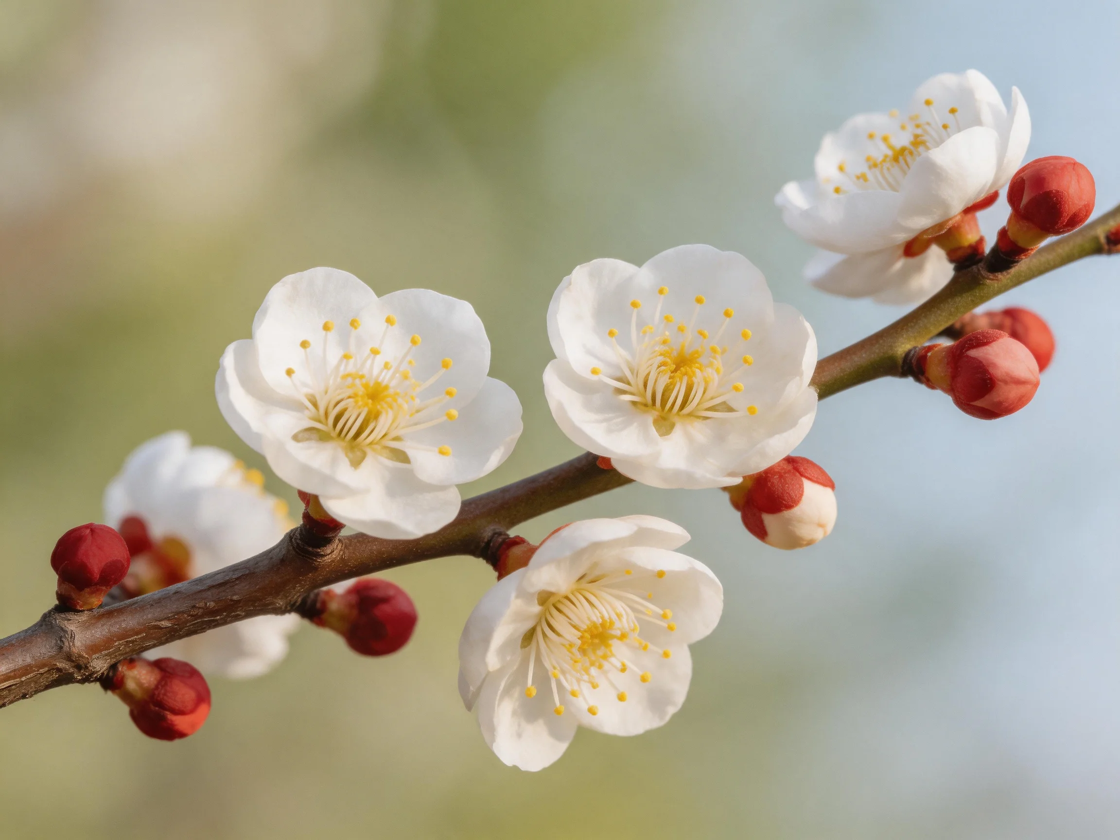 Five white plum blossoms with red flower buds on a brown branch