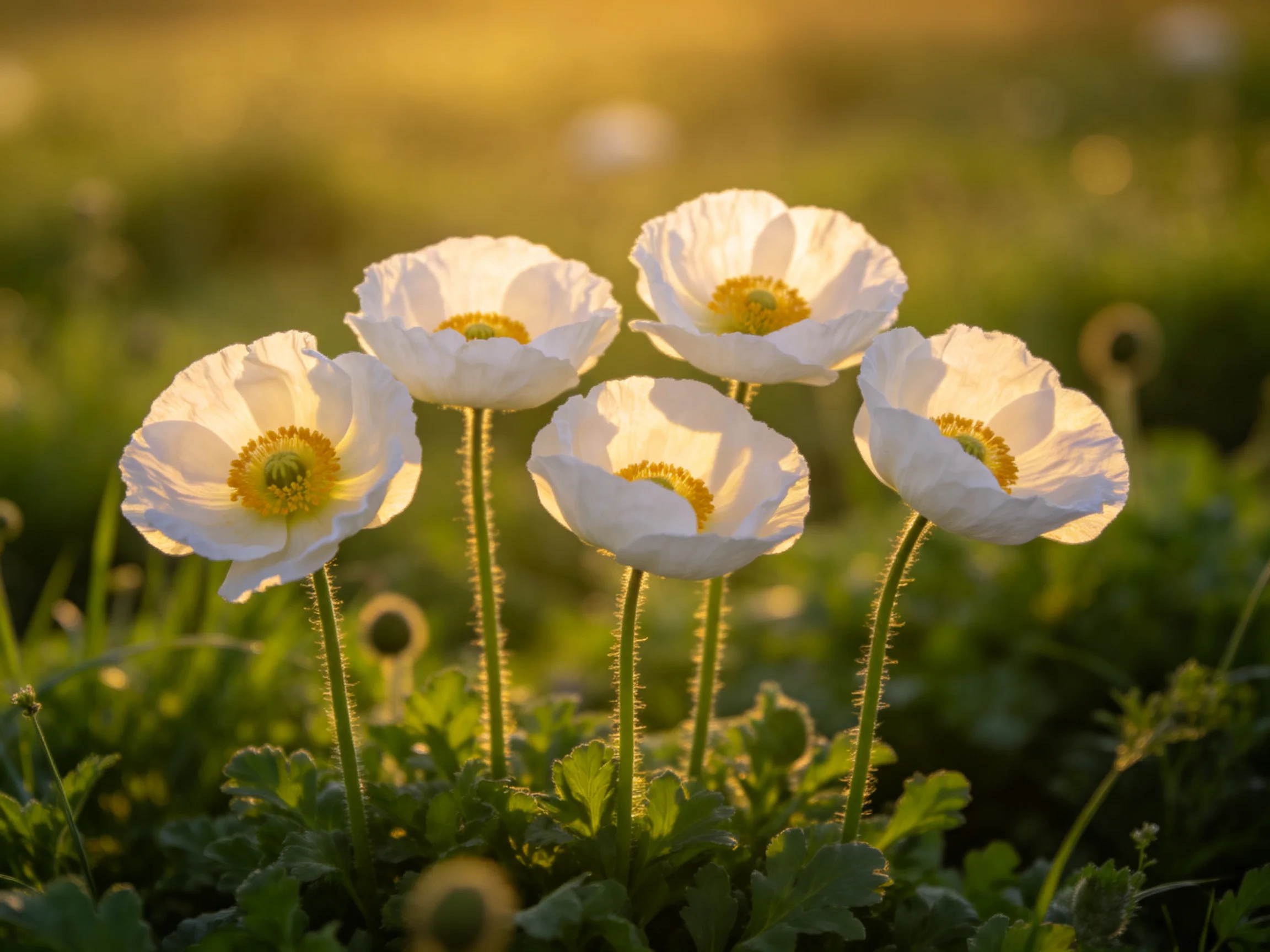 Five white poppies shine in a sun-drenched meadow with greenery