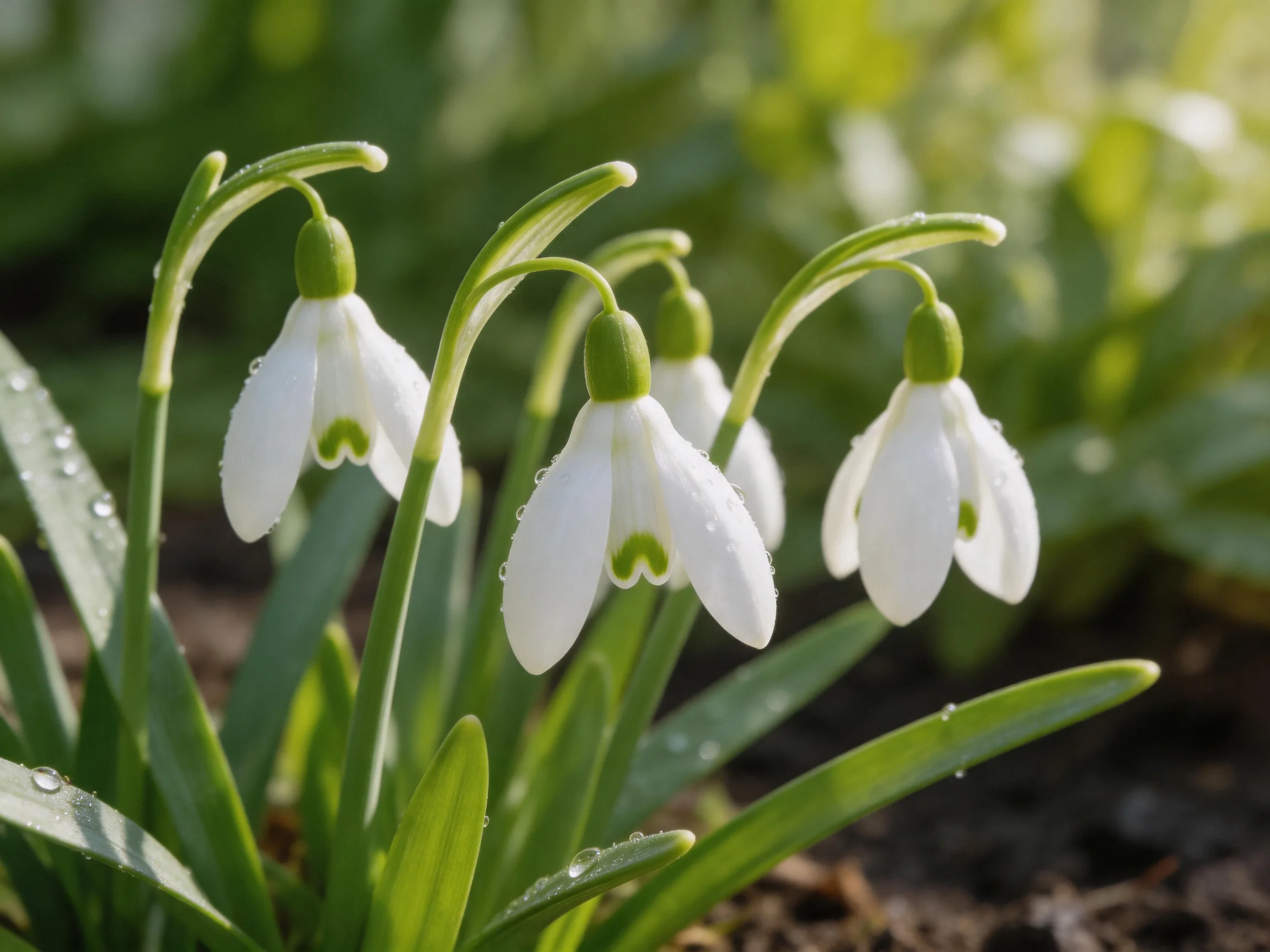 Five white snowdrop flowers with green stems and dew drops