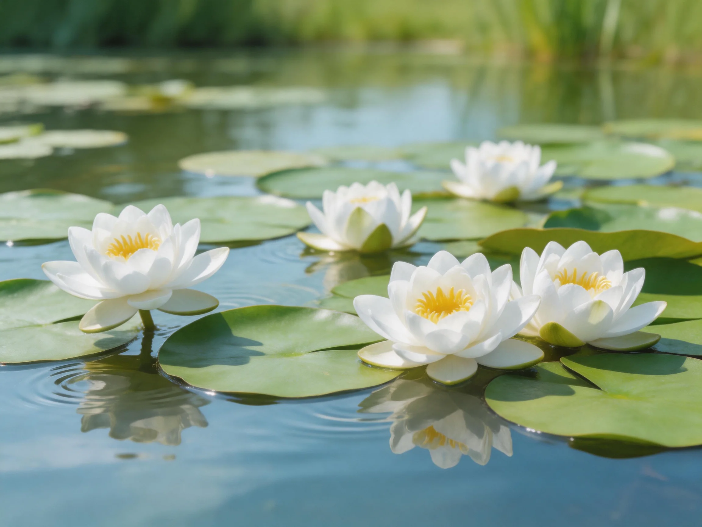 Five white water lilies float among green lily pads in a serene pond