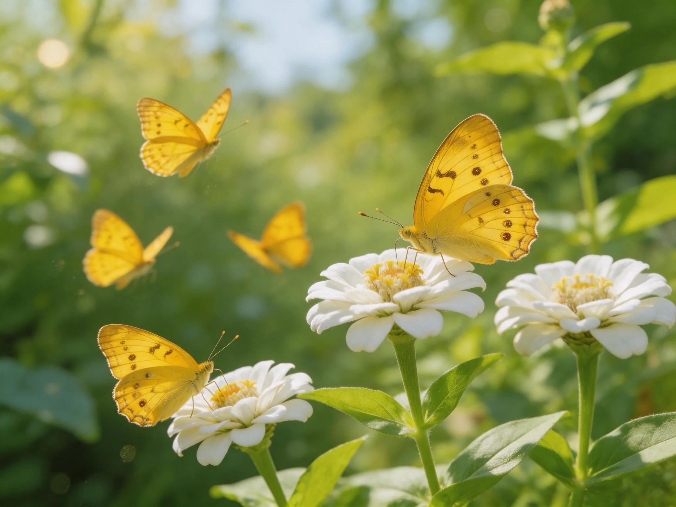 Five yellow butterflies flutter near white zinnias in a sunny garden