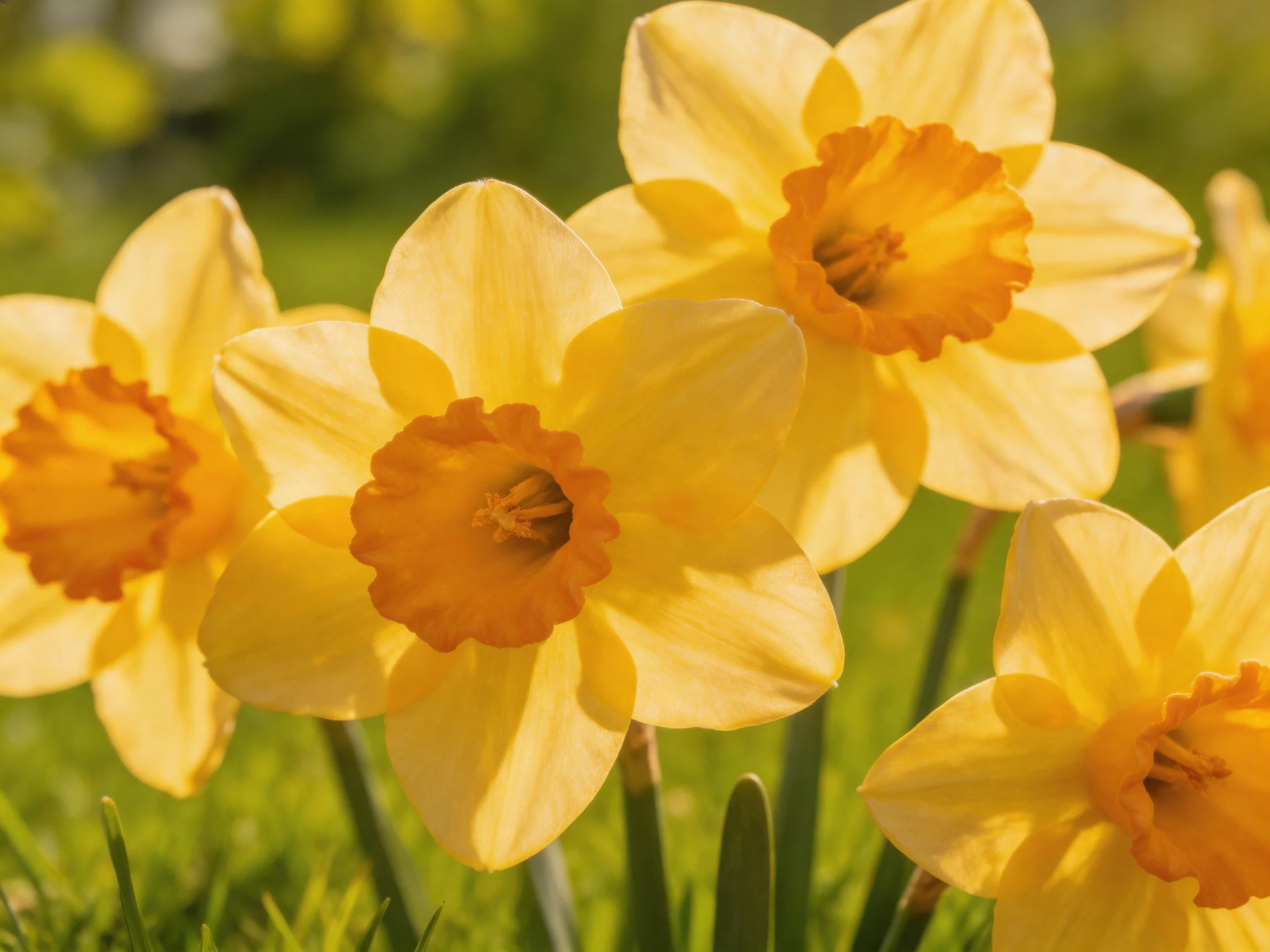 Five yellow daffodils bloom brightly in a sunny garden
