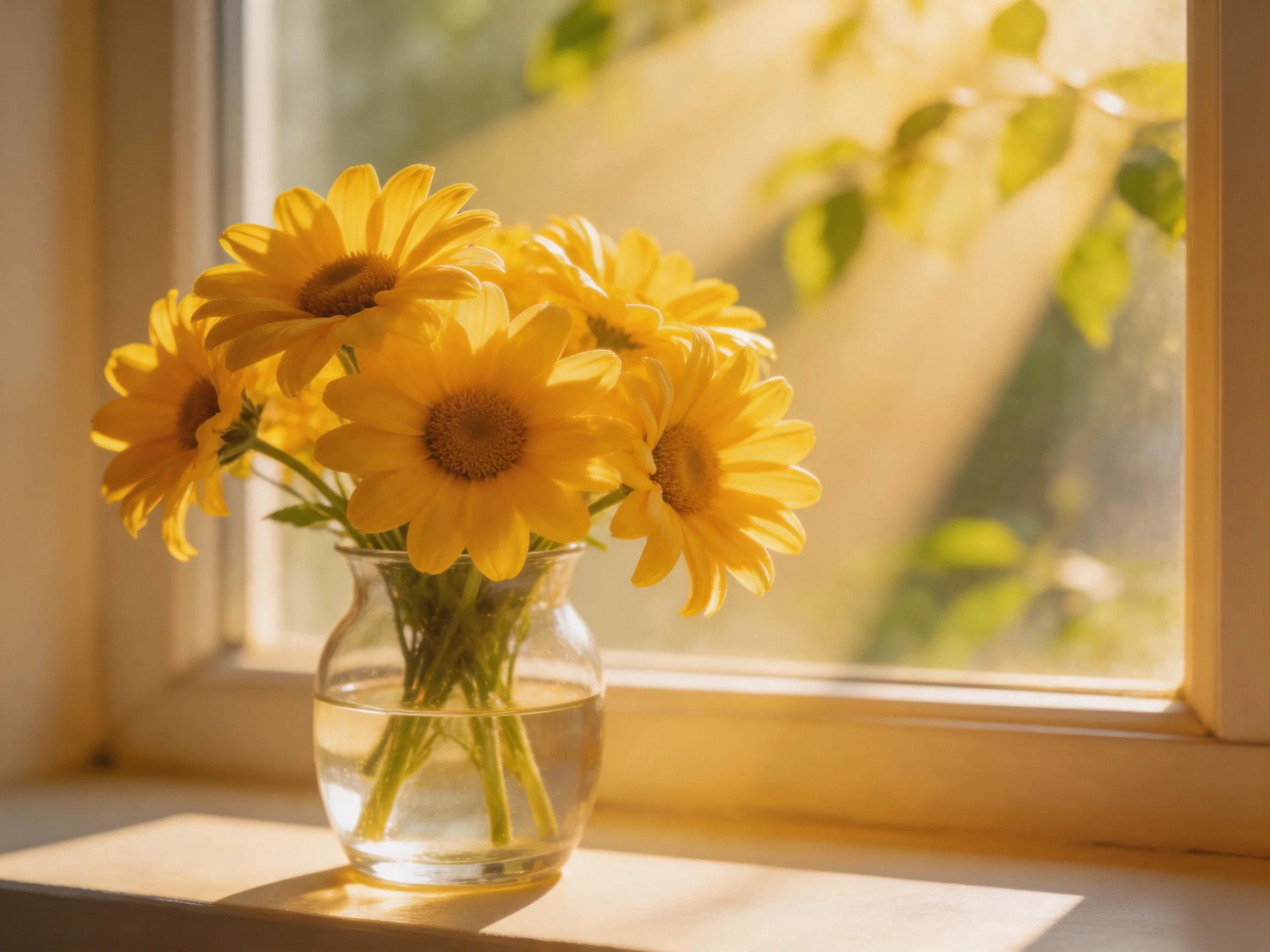 Five yellow daisies in a glass vase near a sunlit window
