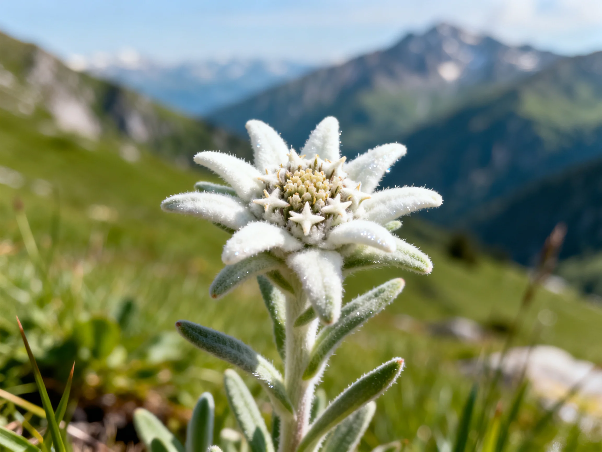 A close - up of a fluffy white edelweiss flower near mountainous terrain.