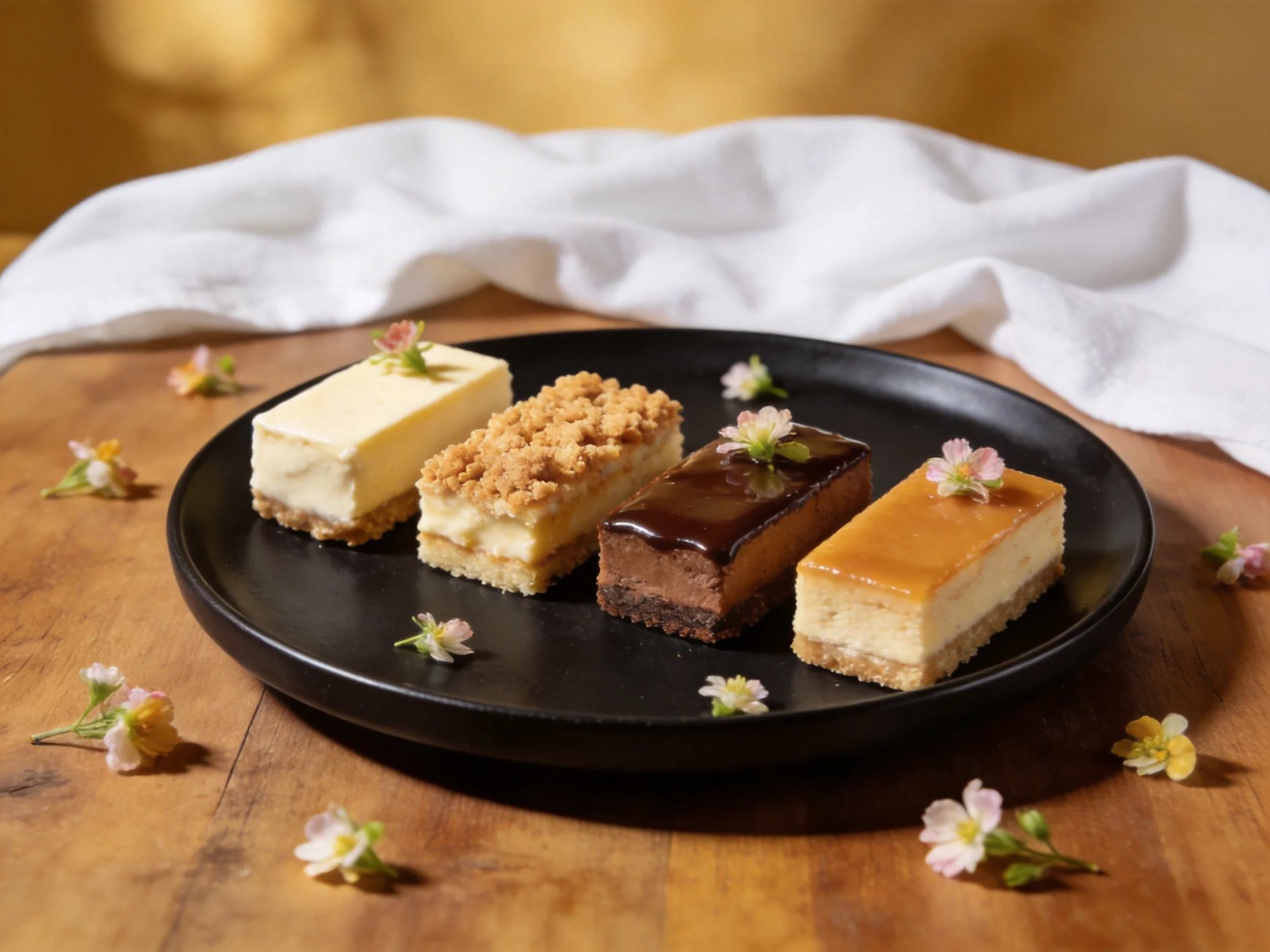 Four assorted mini desserts on a black plate with flower decorations