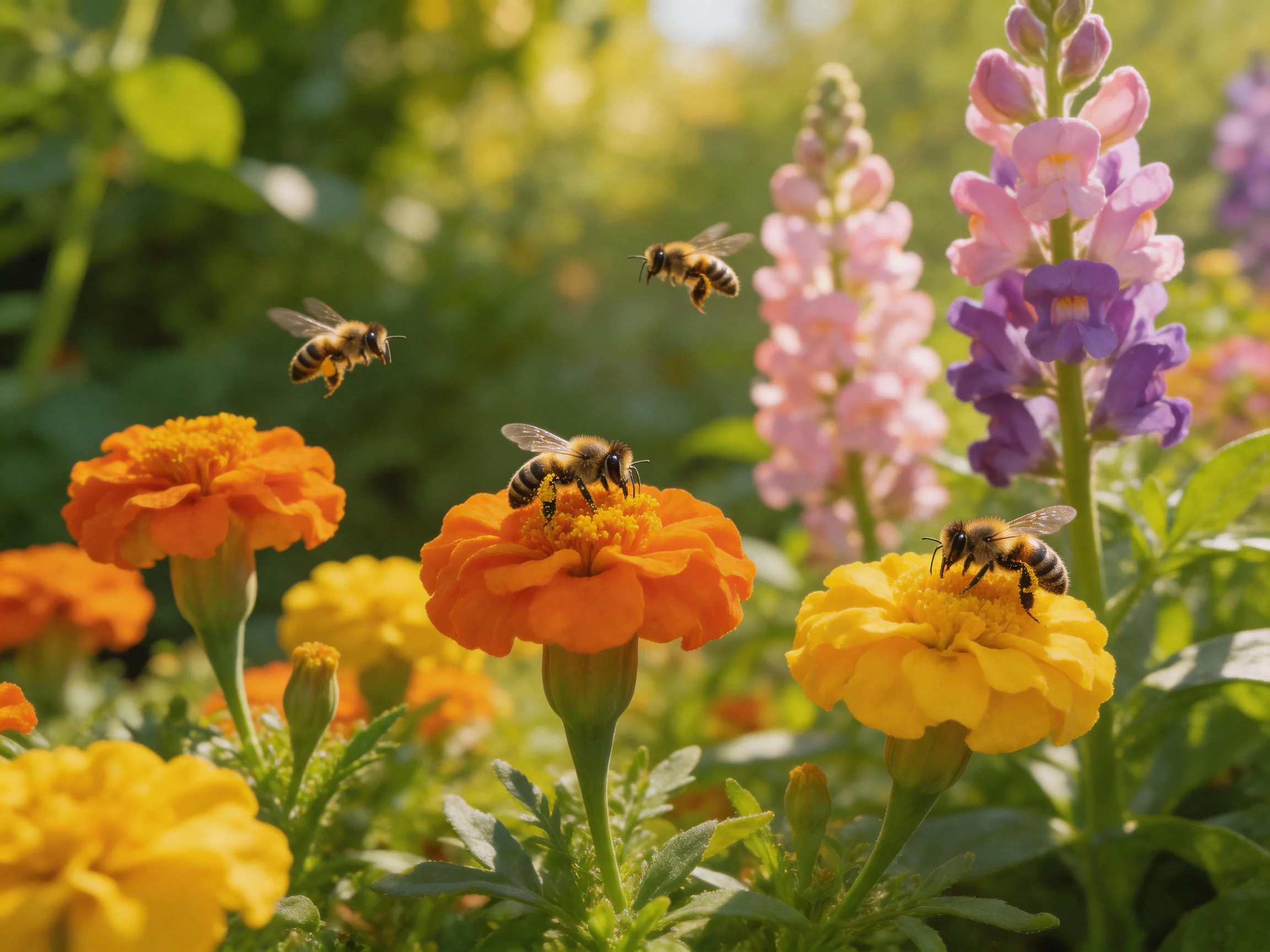 Four bees pollinate colorful marigolds and snapdragons in a sunlit garden