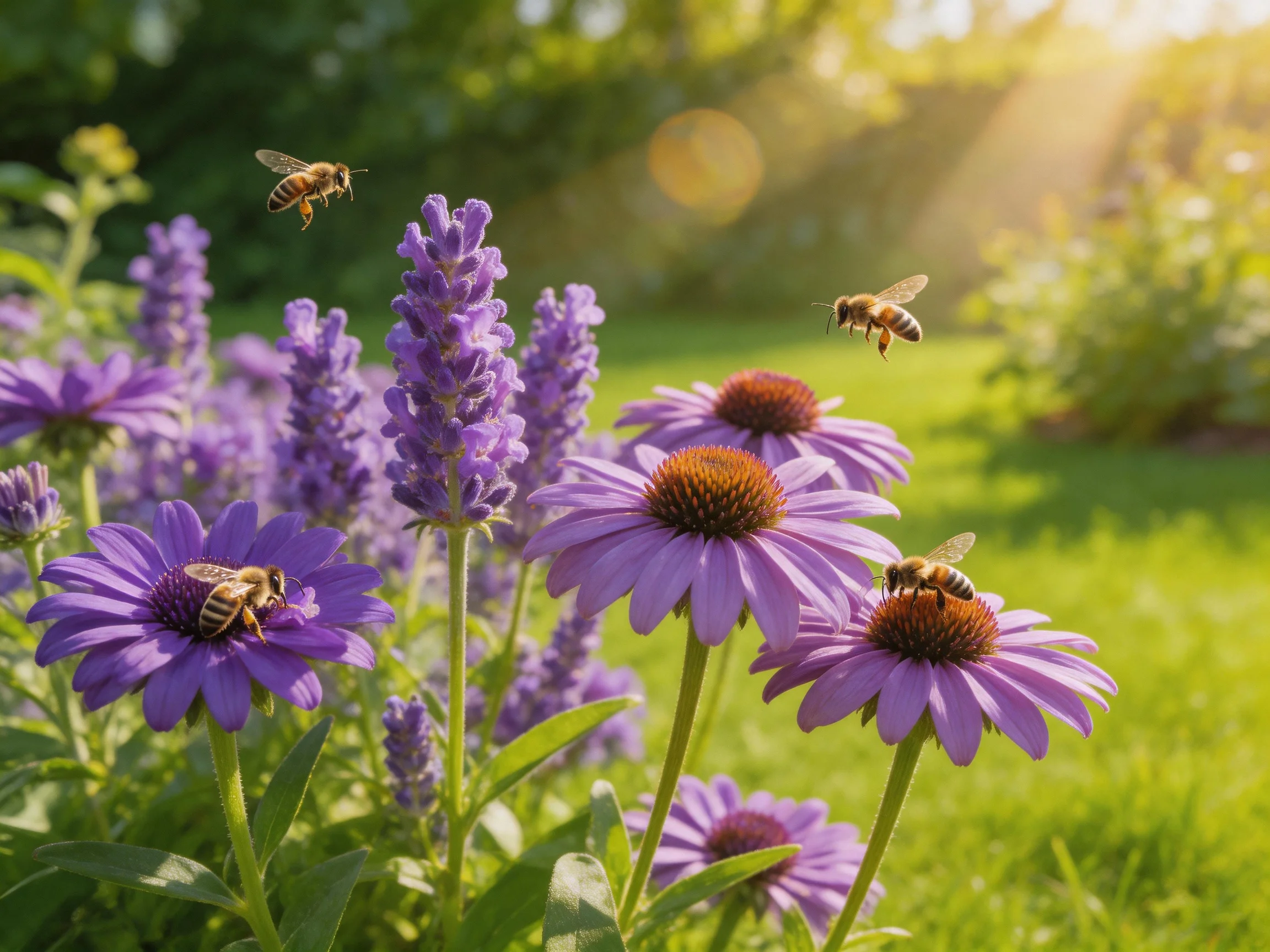 Four bees visit vibrant purple flowers in a sunlit garden