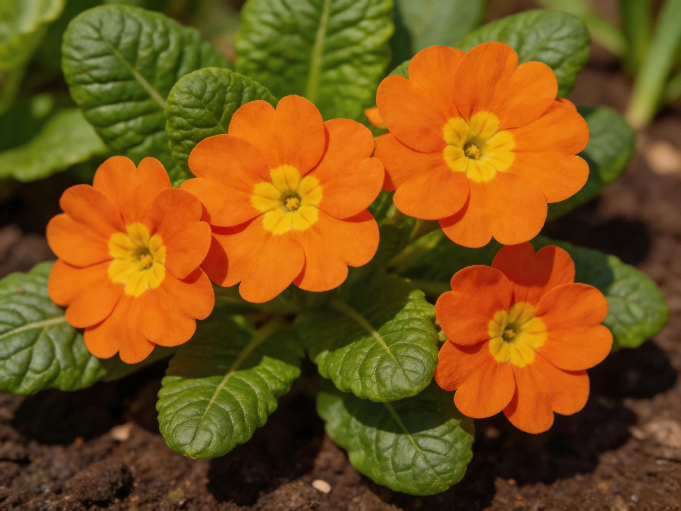 Four bright orange primrose flowers with yellow centers amid green leaves