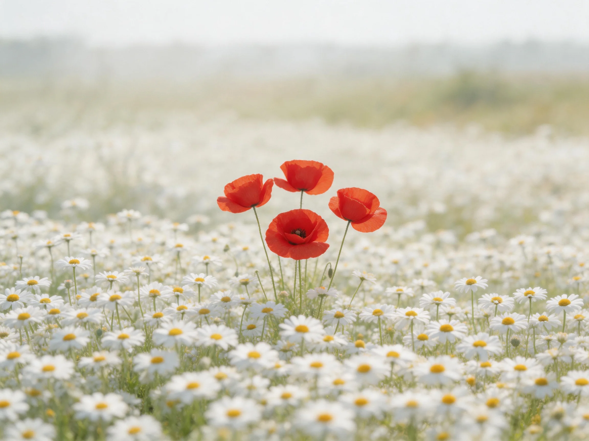 Four bright red poppies stand amid a sea of white daisies