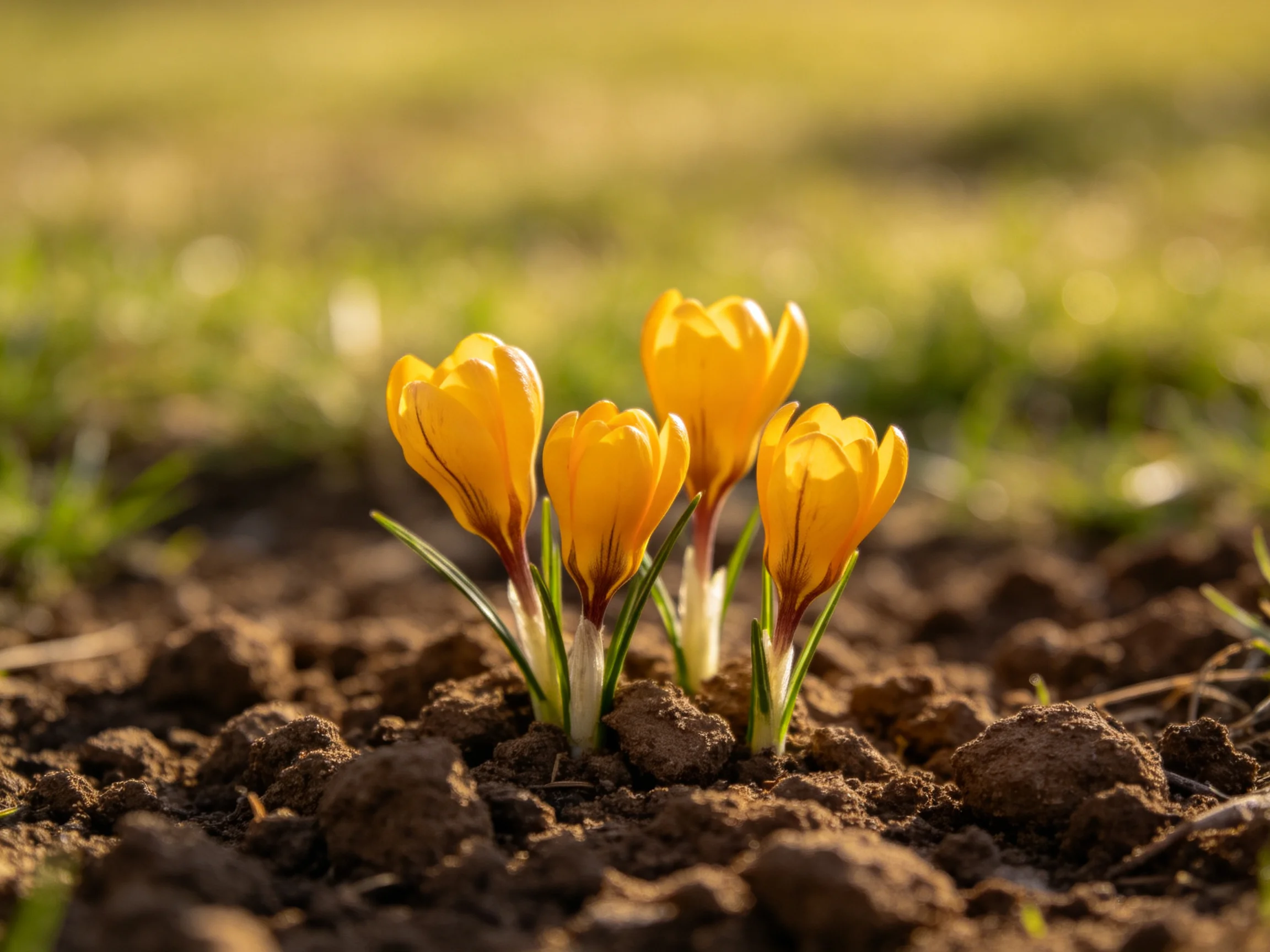 Four bright yellow crocus blooms emerging from dark brown soil
