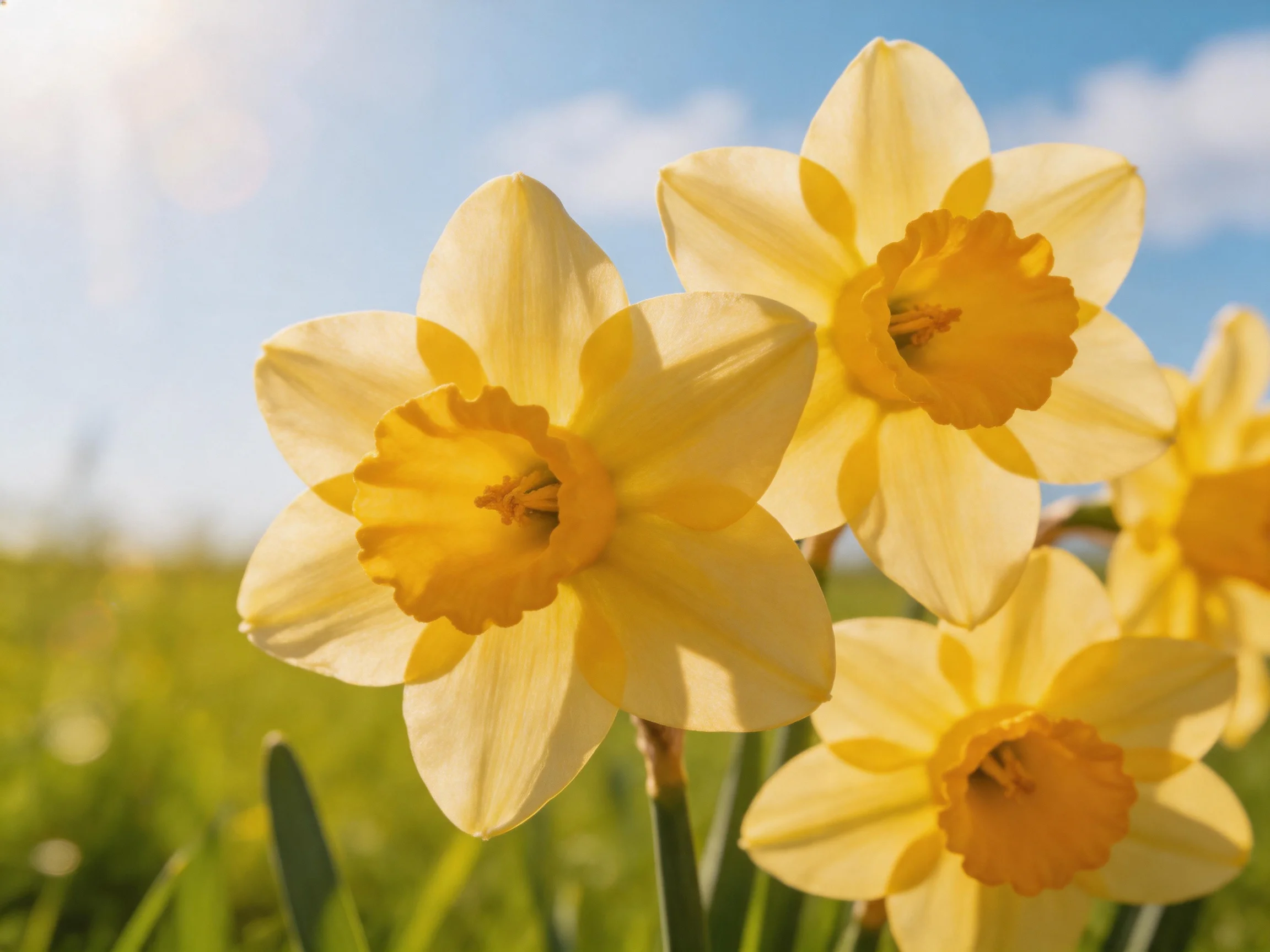 Four bright yellow daffodils bloom against a clear blue sky