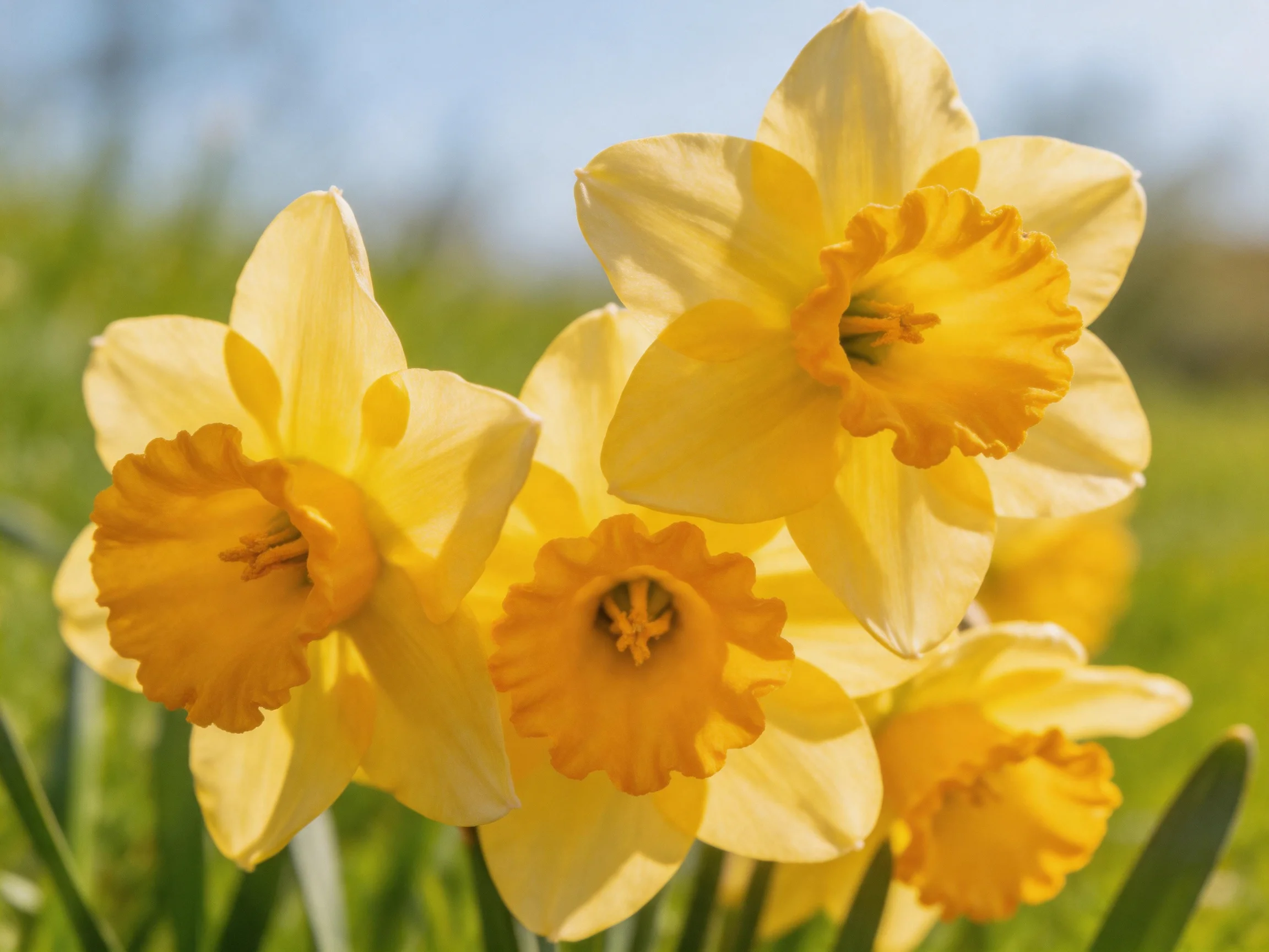 Four bright yellow daffodils bloom in a sunlit meadow