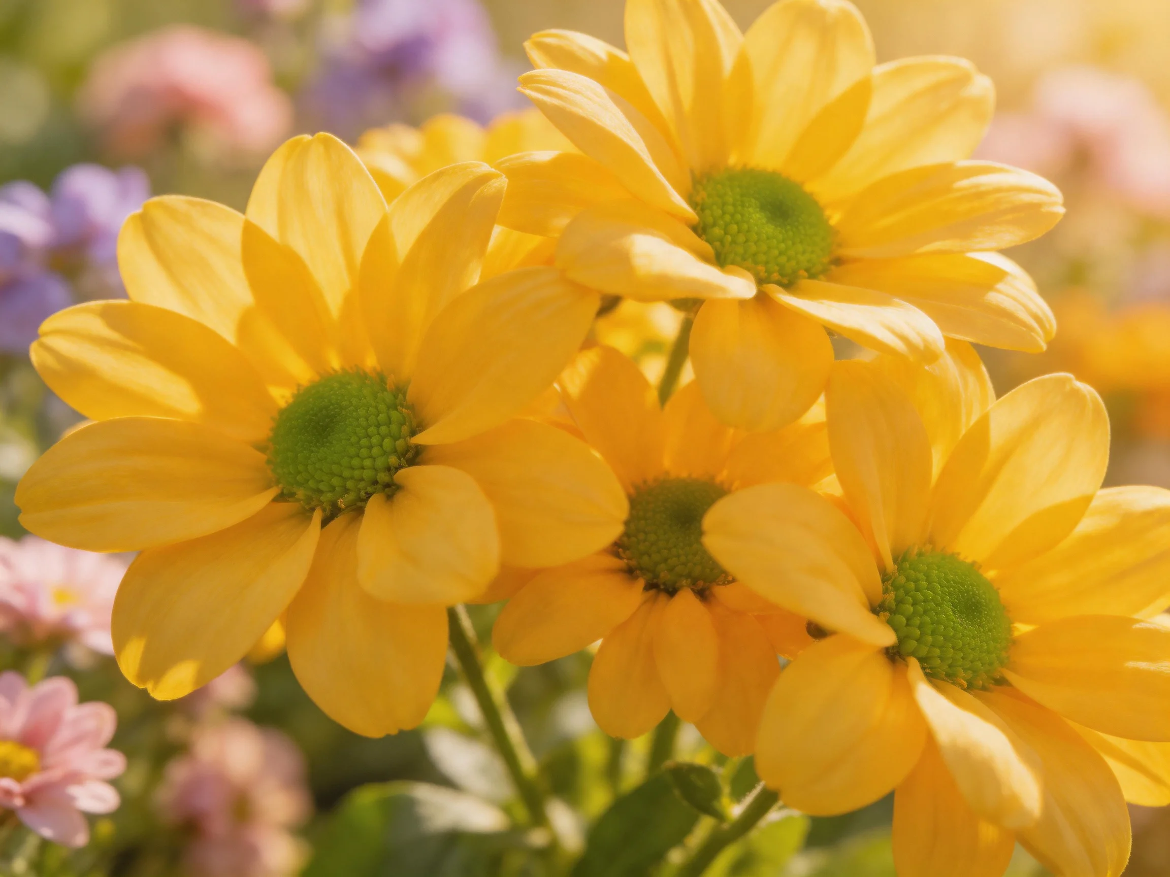 Four bright yellow daisies with green centers bloom in sunlight.