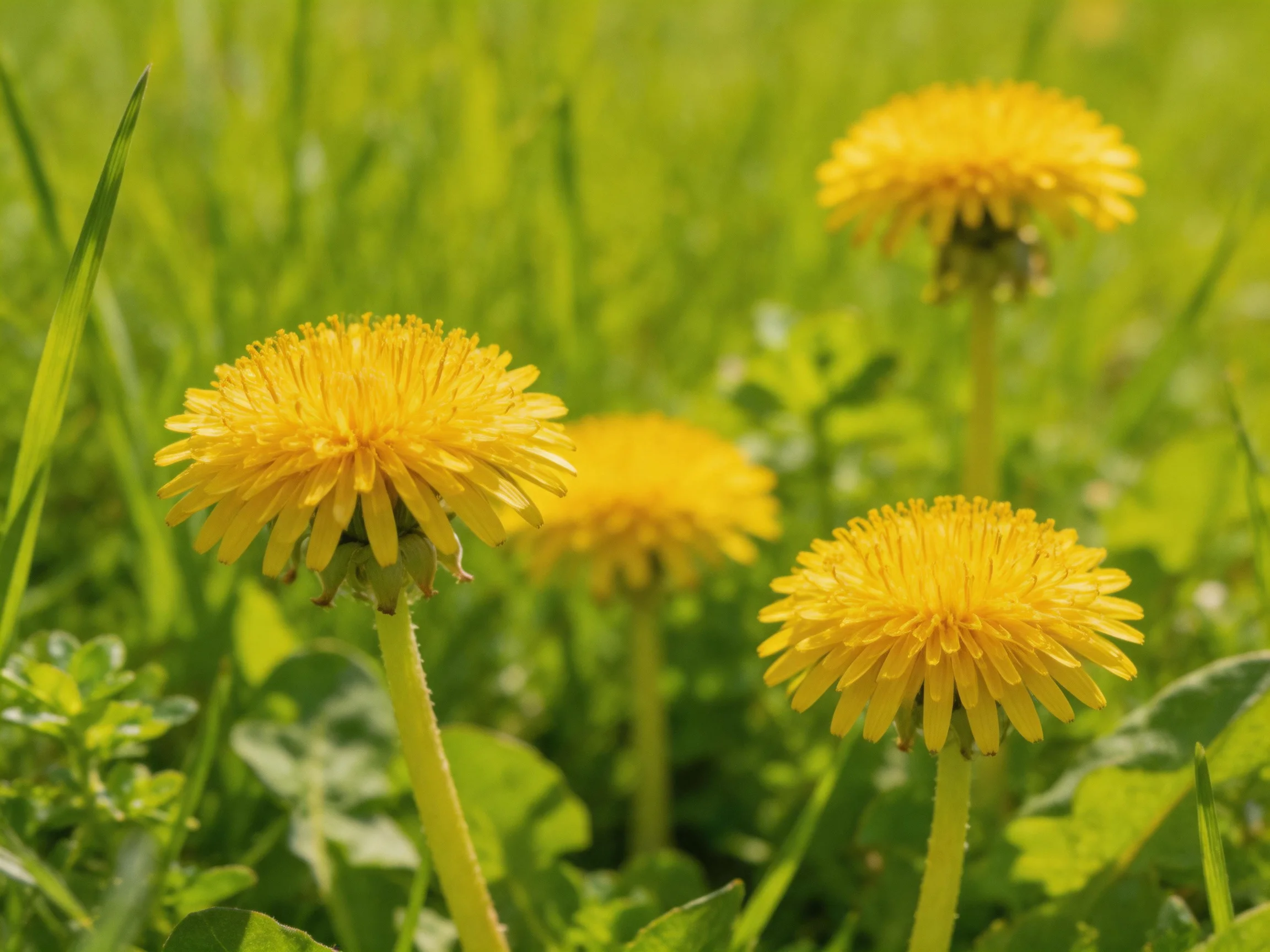 Four bright yellow dandelions bloom among lush green foliage