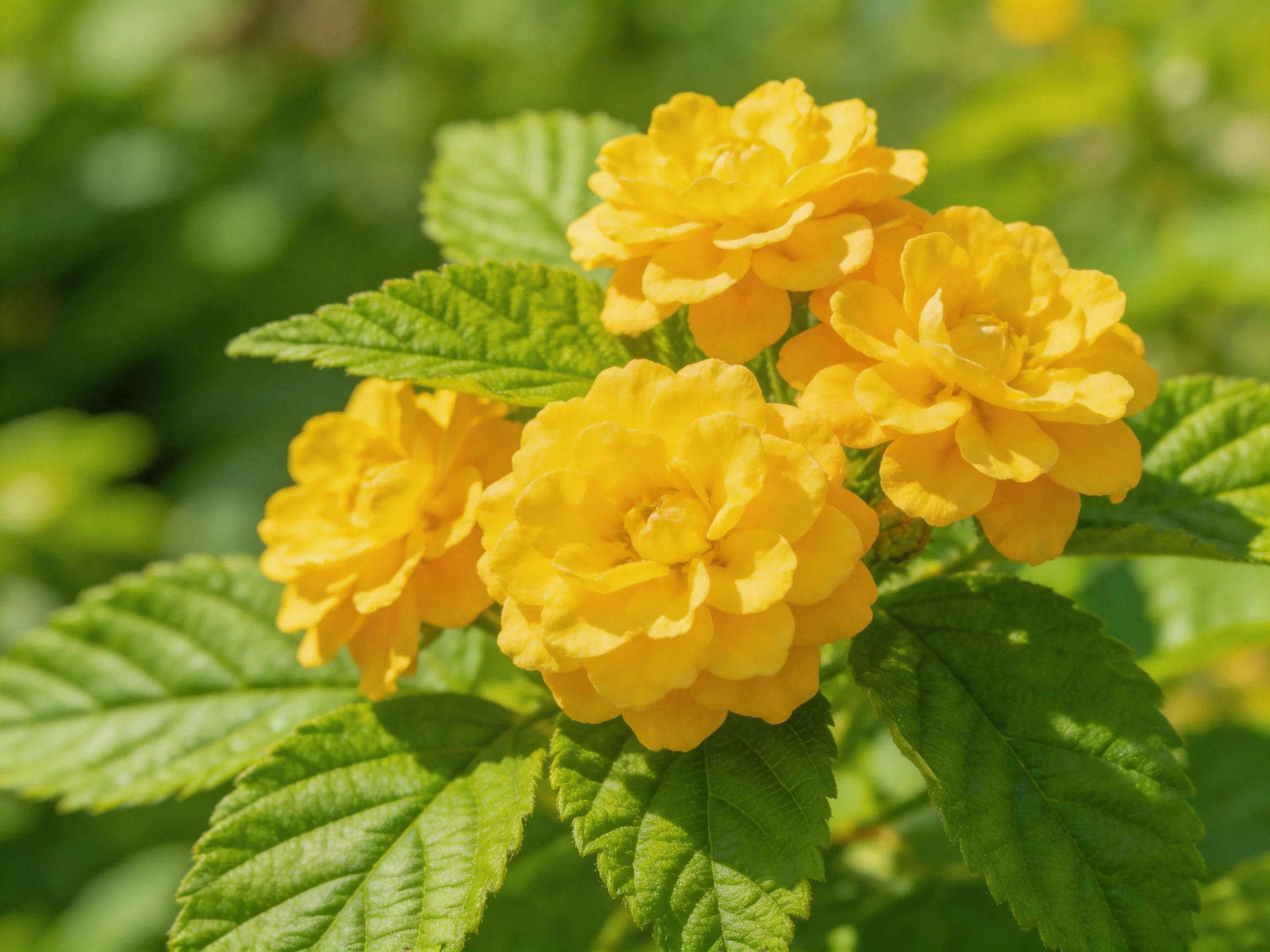 Four bright yellow flowers clustered among lush green leaves