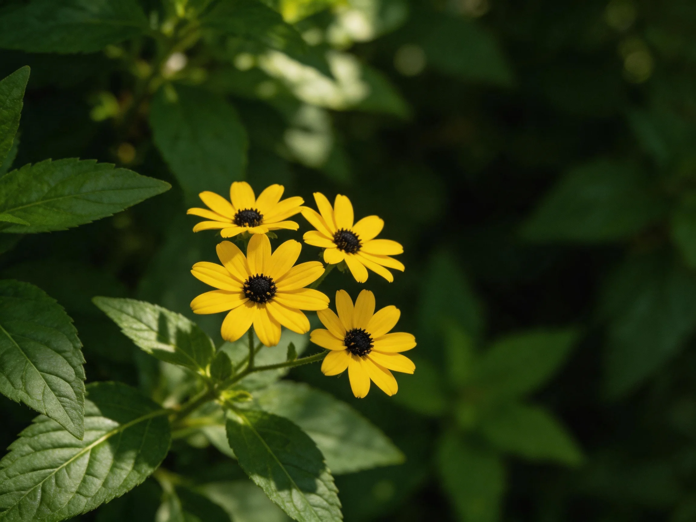 Four bright yellow flowers with dark centers amid lush green foliage