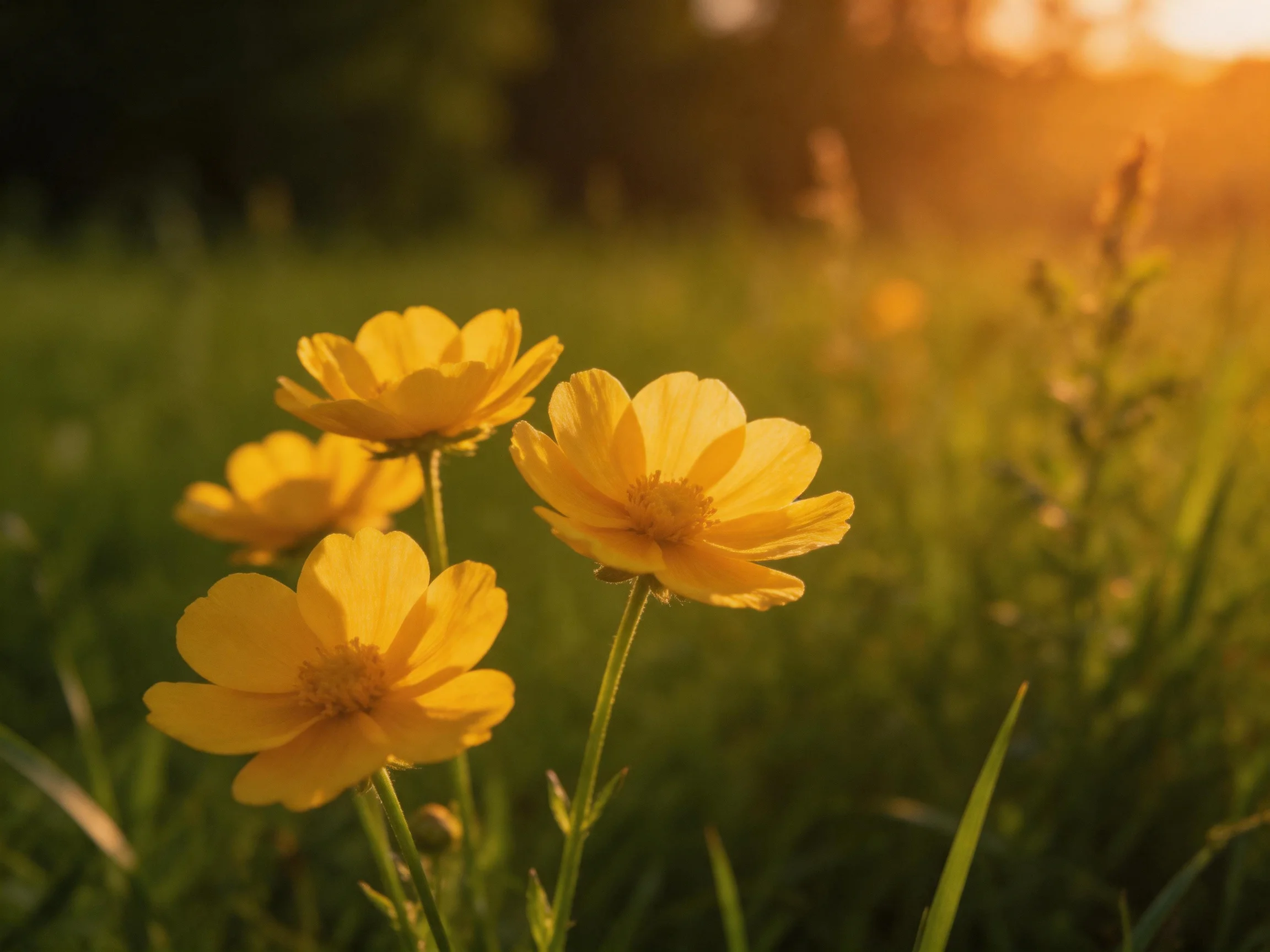 Four bright yellow wildflowers bloom in a sunlit green meadow