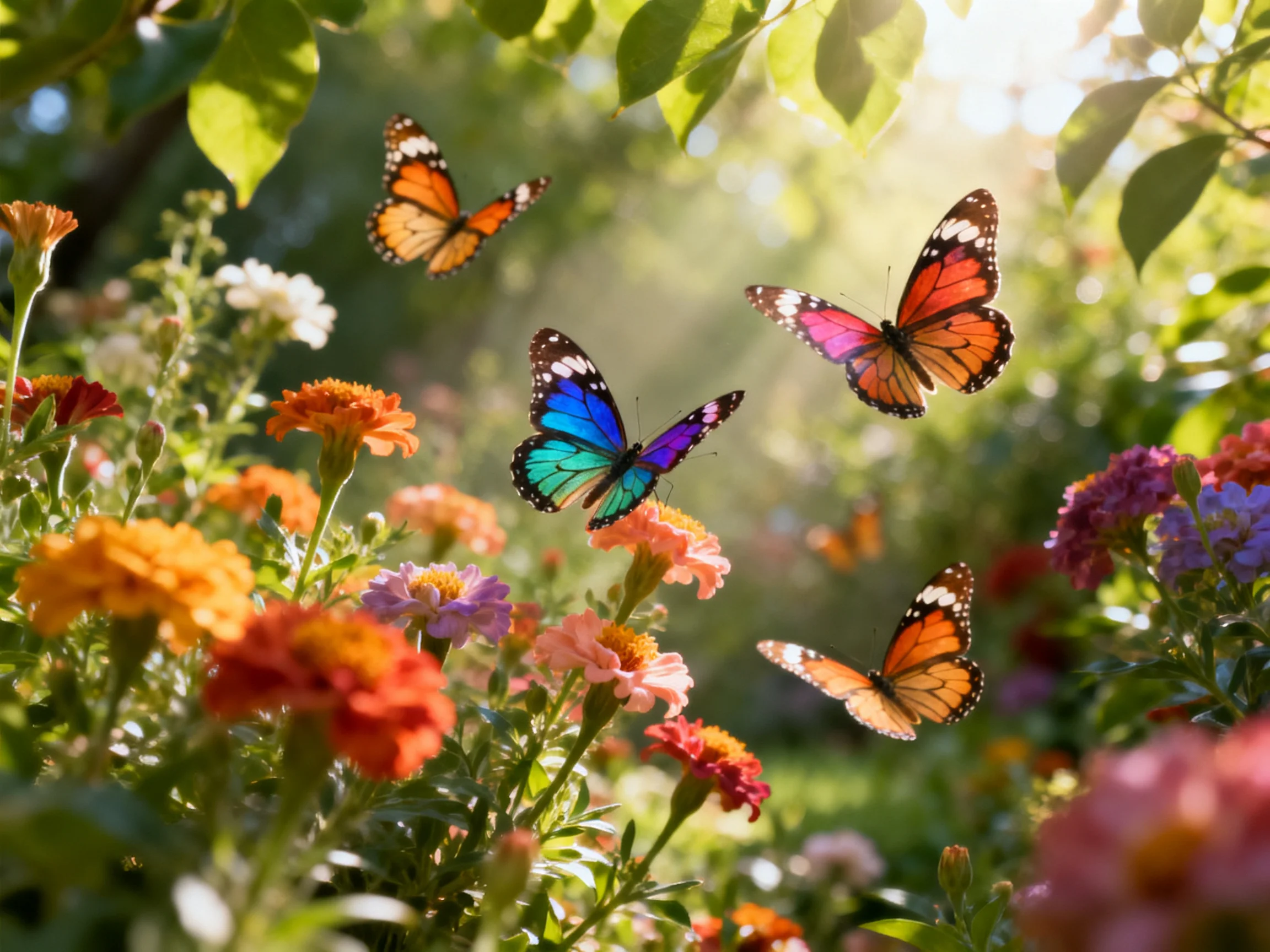 Four colorful butterflies flutter among blooming flowers in a sunlit garden