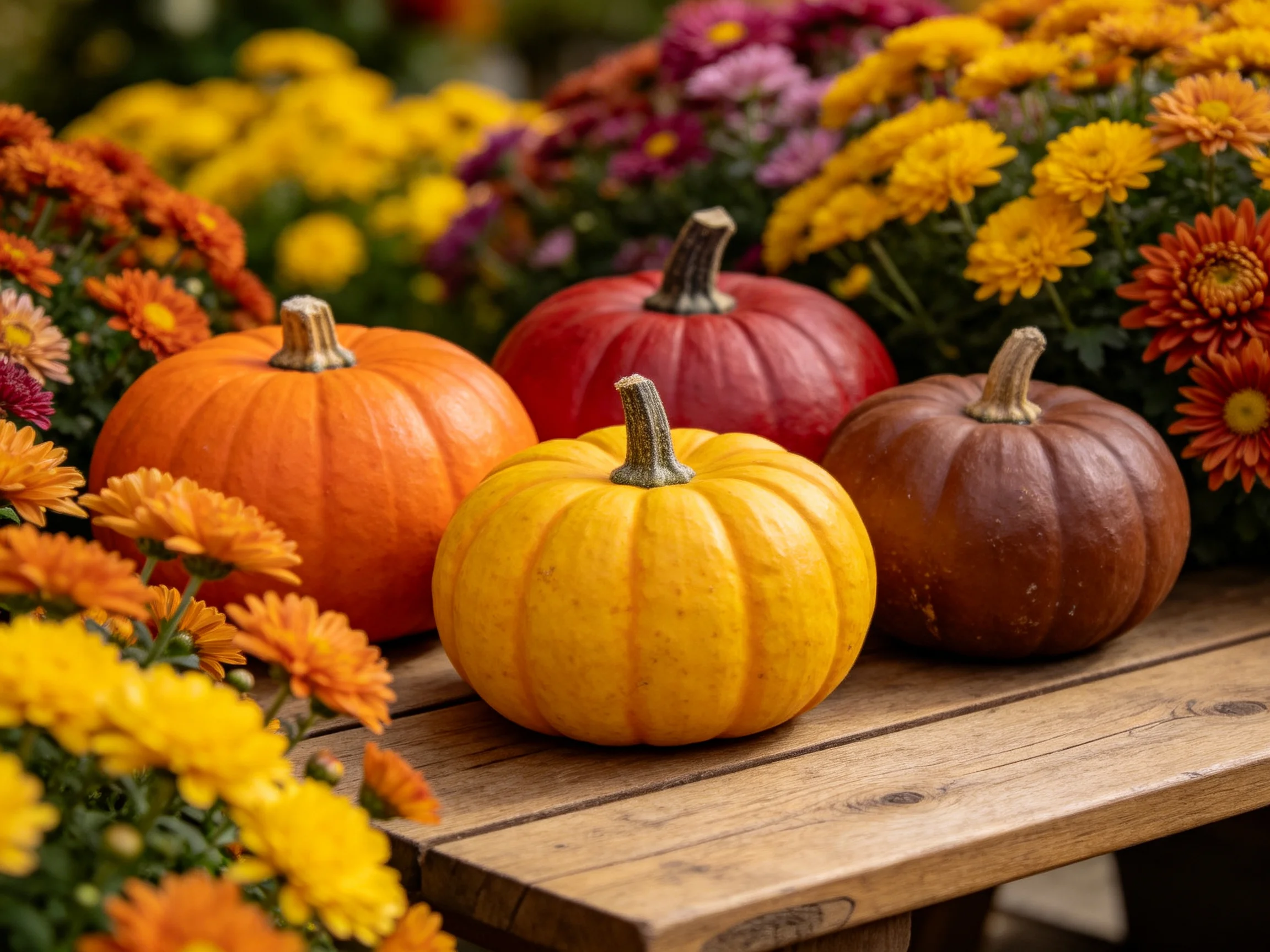 Four colorful pumpkins amid vibrant fall flowers on a wooden table