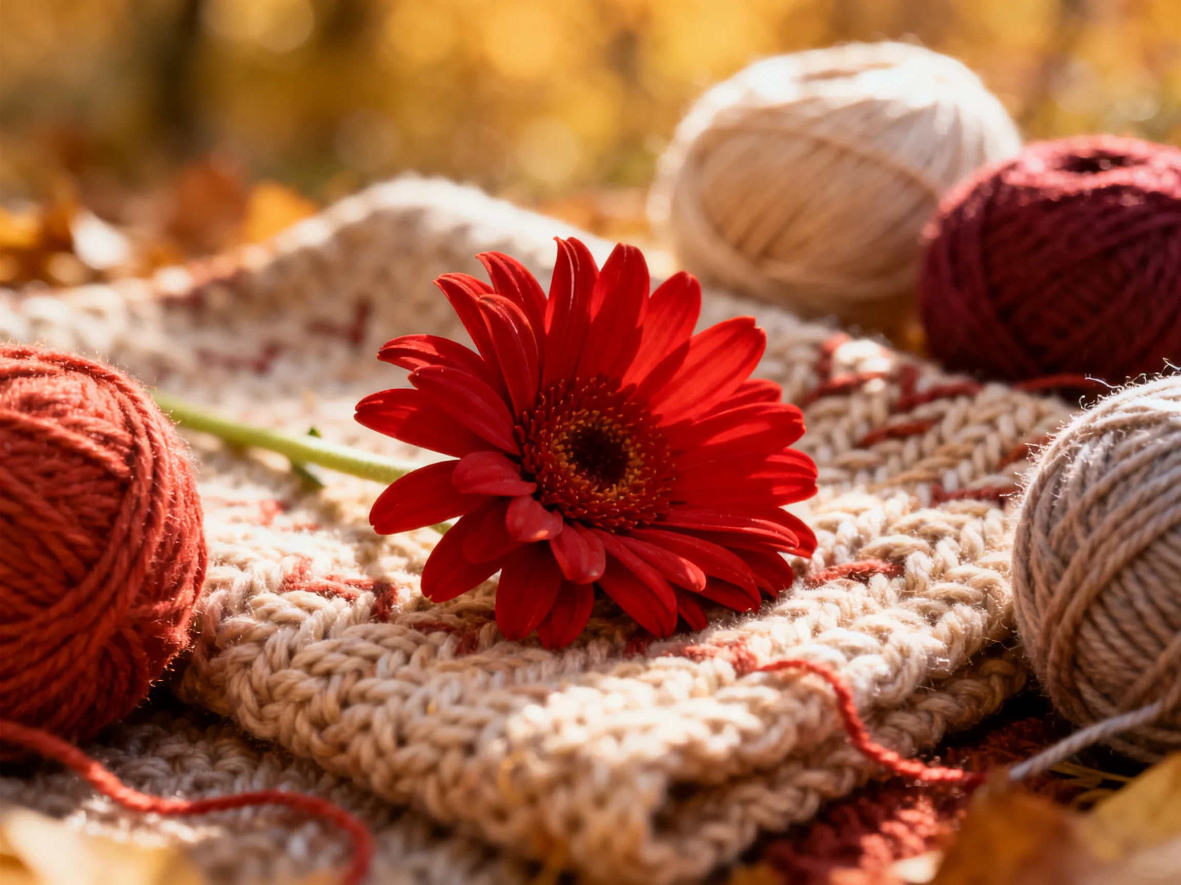 Four colorful yarn balls and a red flower on a knitted cloth outdoors