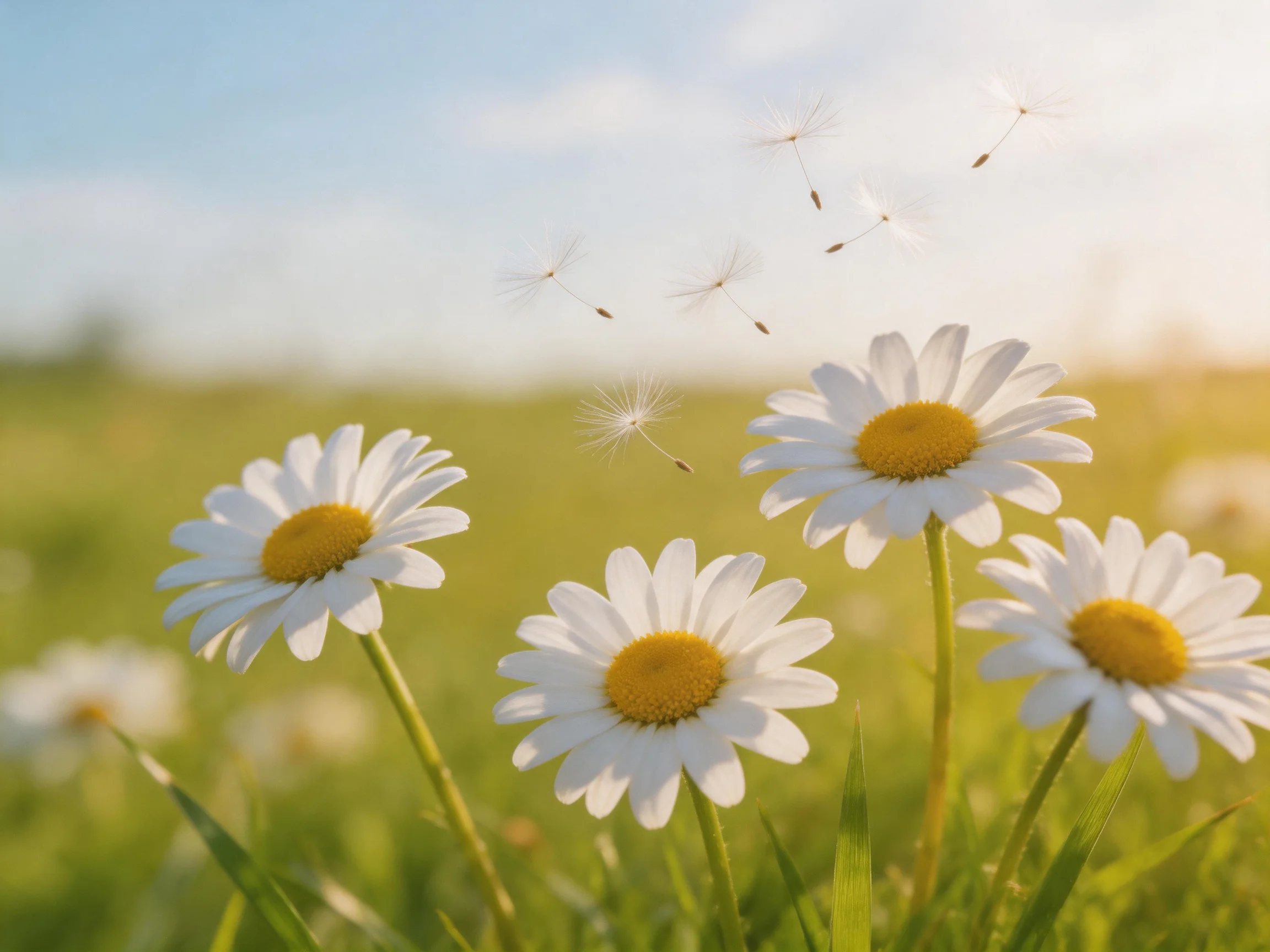 Four daisies bloom in a sunlit meadow with floating dandelion seeds