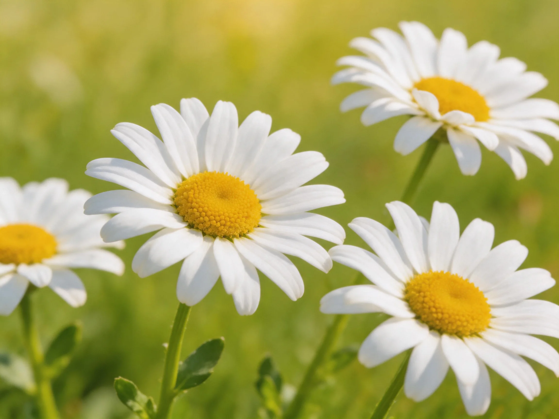 Four daisies with white petals and golden centers in a green meadow