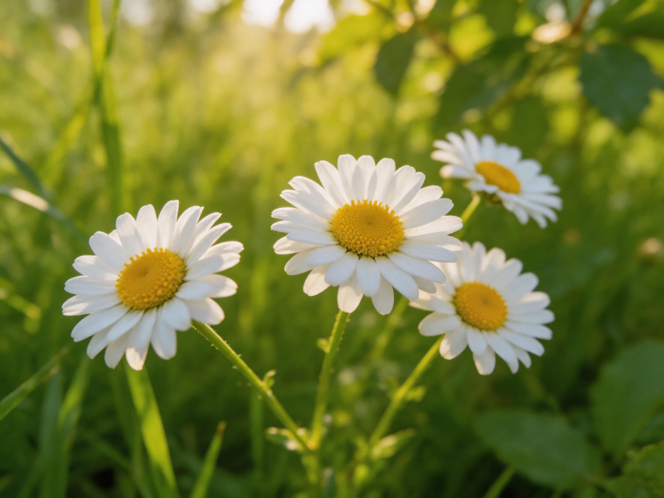 Four daisies with white petals and yellow centers bloom among greenery
