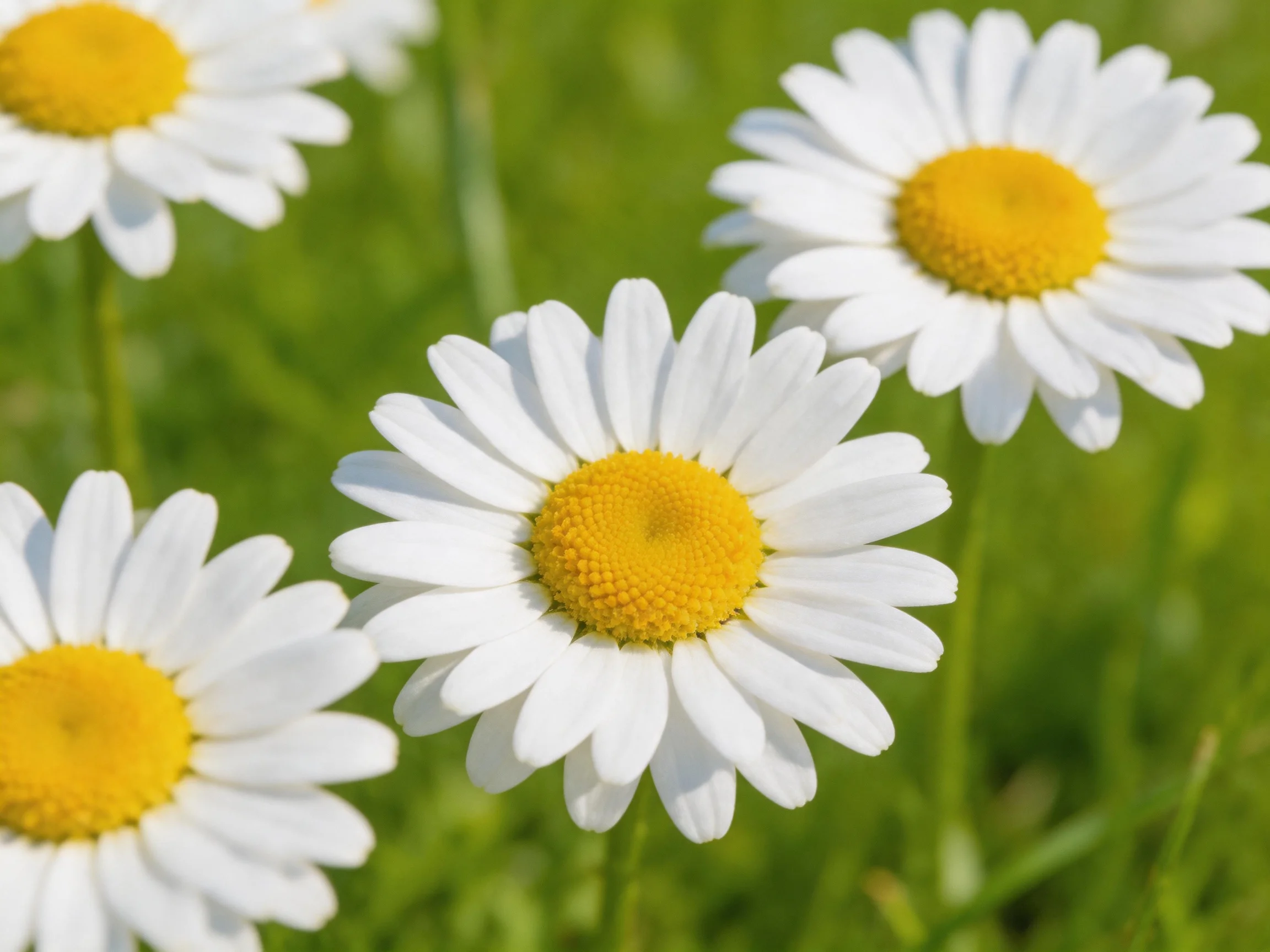 Four daisies with white petals and yellow centers in a green meadow
