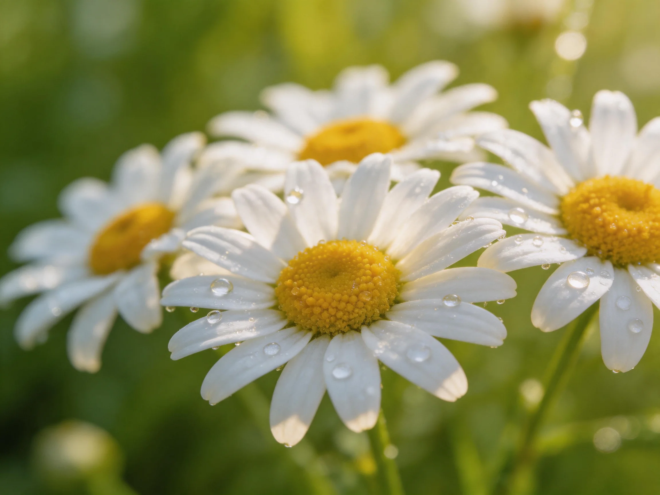 Four daisies with white petals, yellow centers, and water droplets
