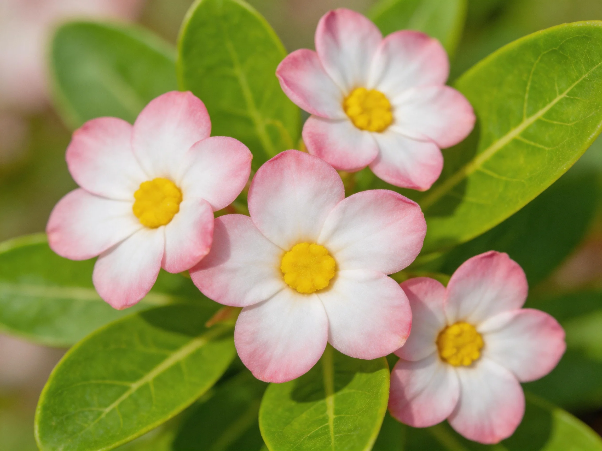 Four delicate pink-and-white flowers with bright yellow centers amid lush green leaves