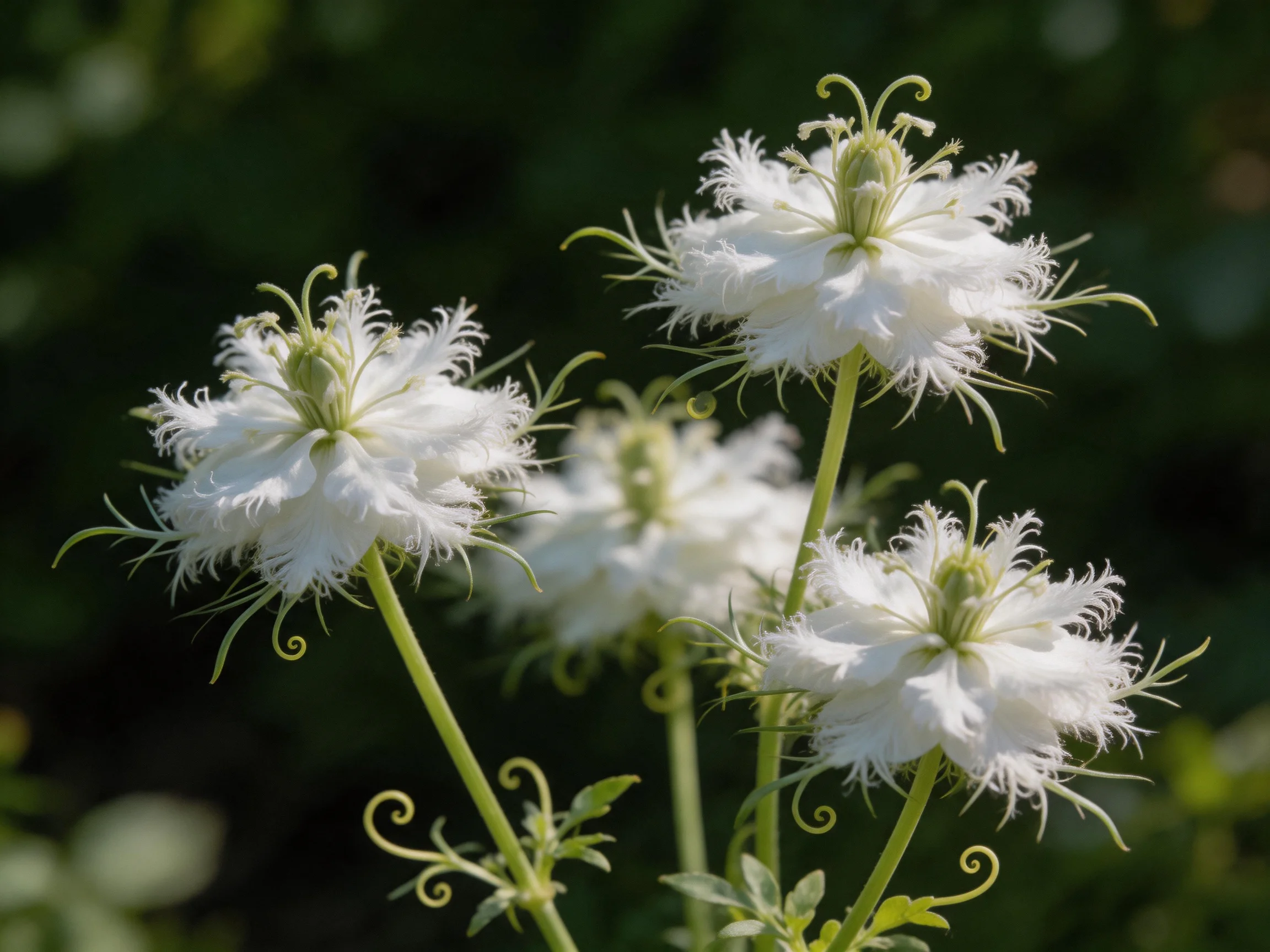 Four delicate white flowers with curly petals and green stems