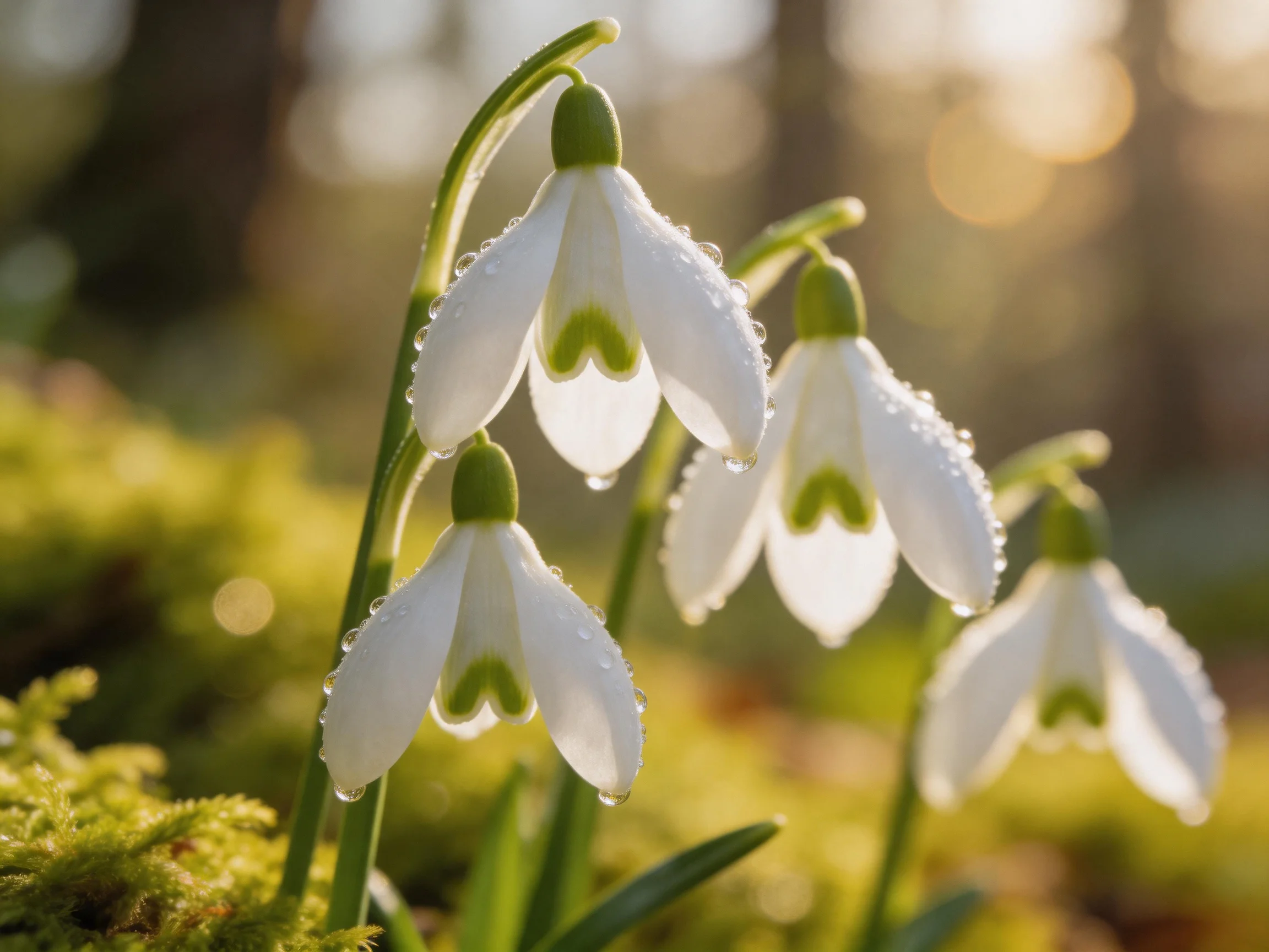 Four delicate white snowdrop flowers with dew drops near green moss