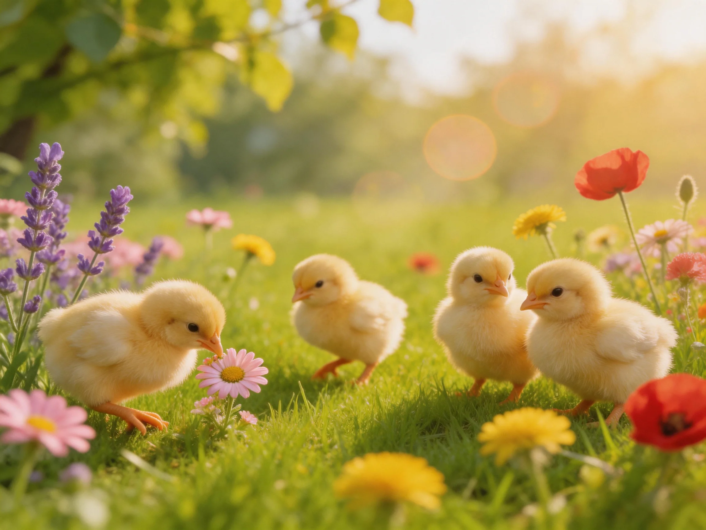 Four fluffy yellow chicks explore colorful wildflowers in a sunlit meadow