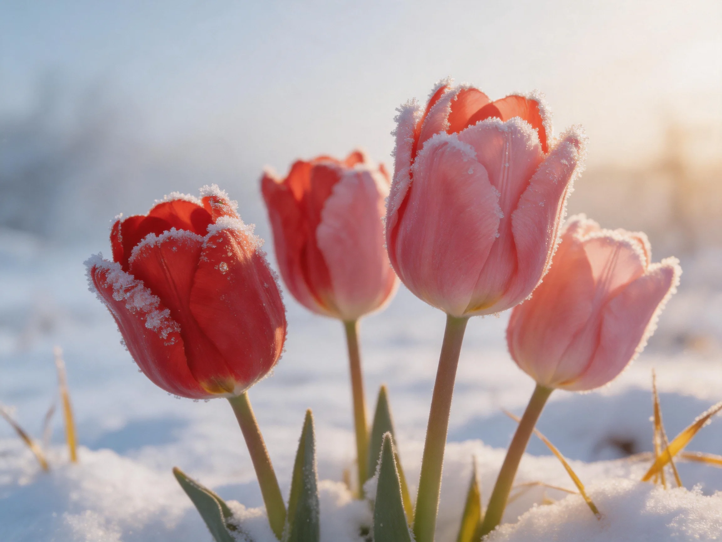 Four frost-dusted red and pink tulips bloom through snowy terrain