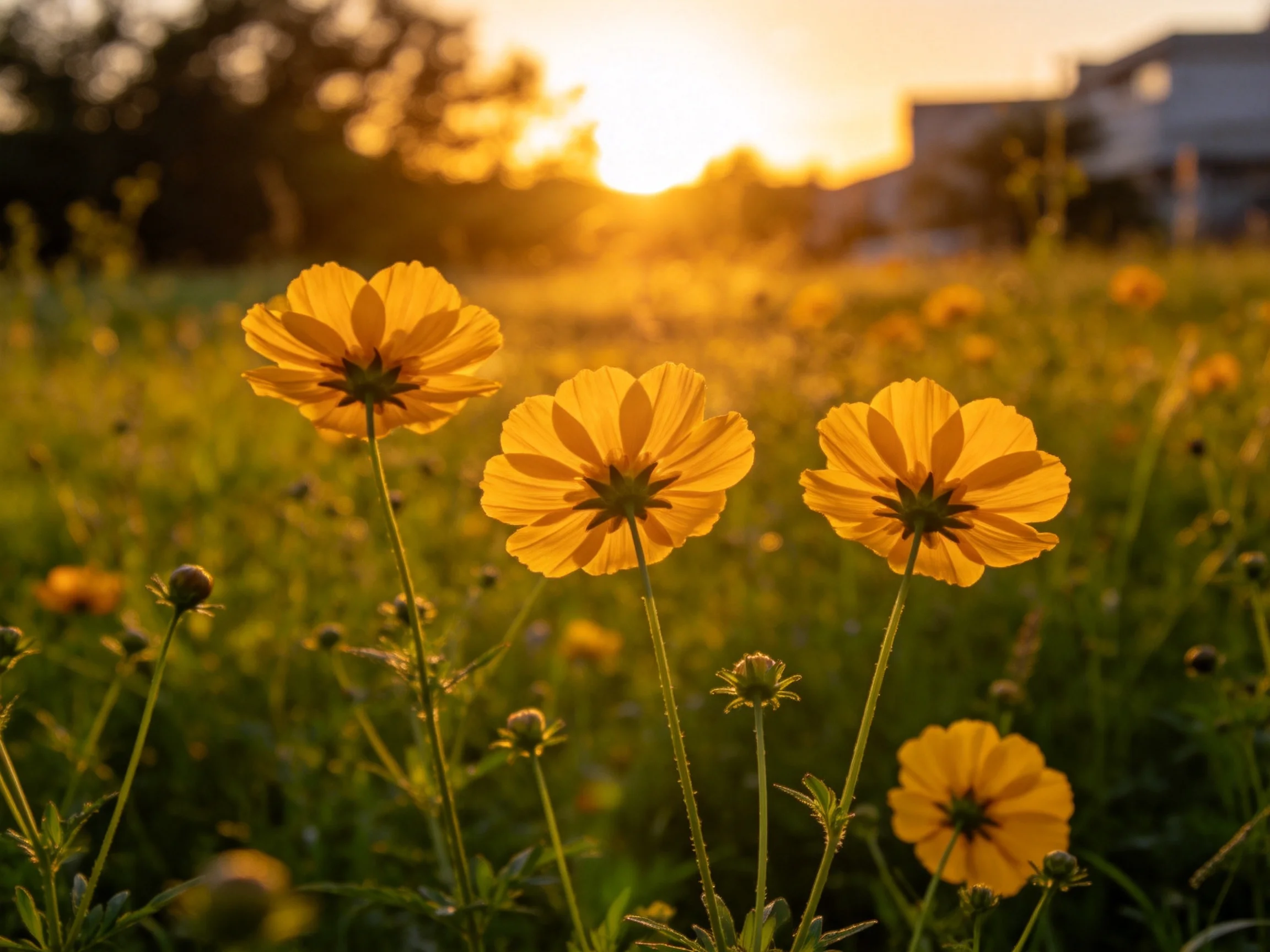 Four golden cosmos blooms in a sunlit meadow at dusk