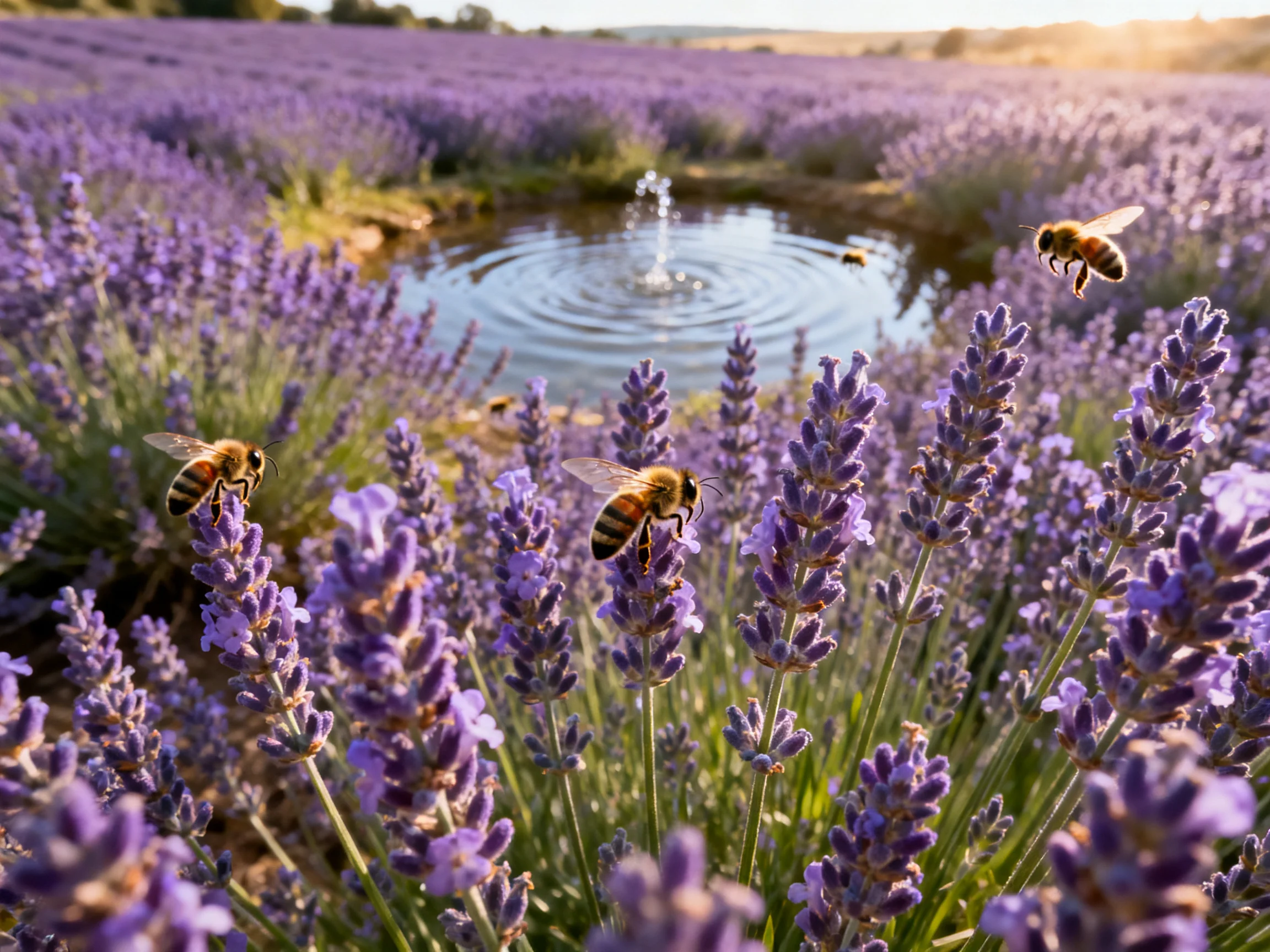 Four honeybees buzz among vibrant purple lavender fields near a small pond with a fountain
