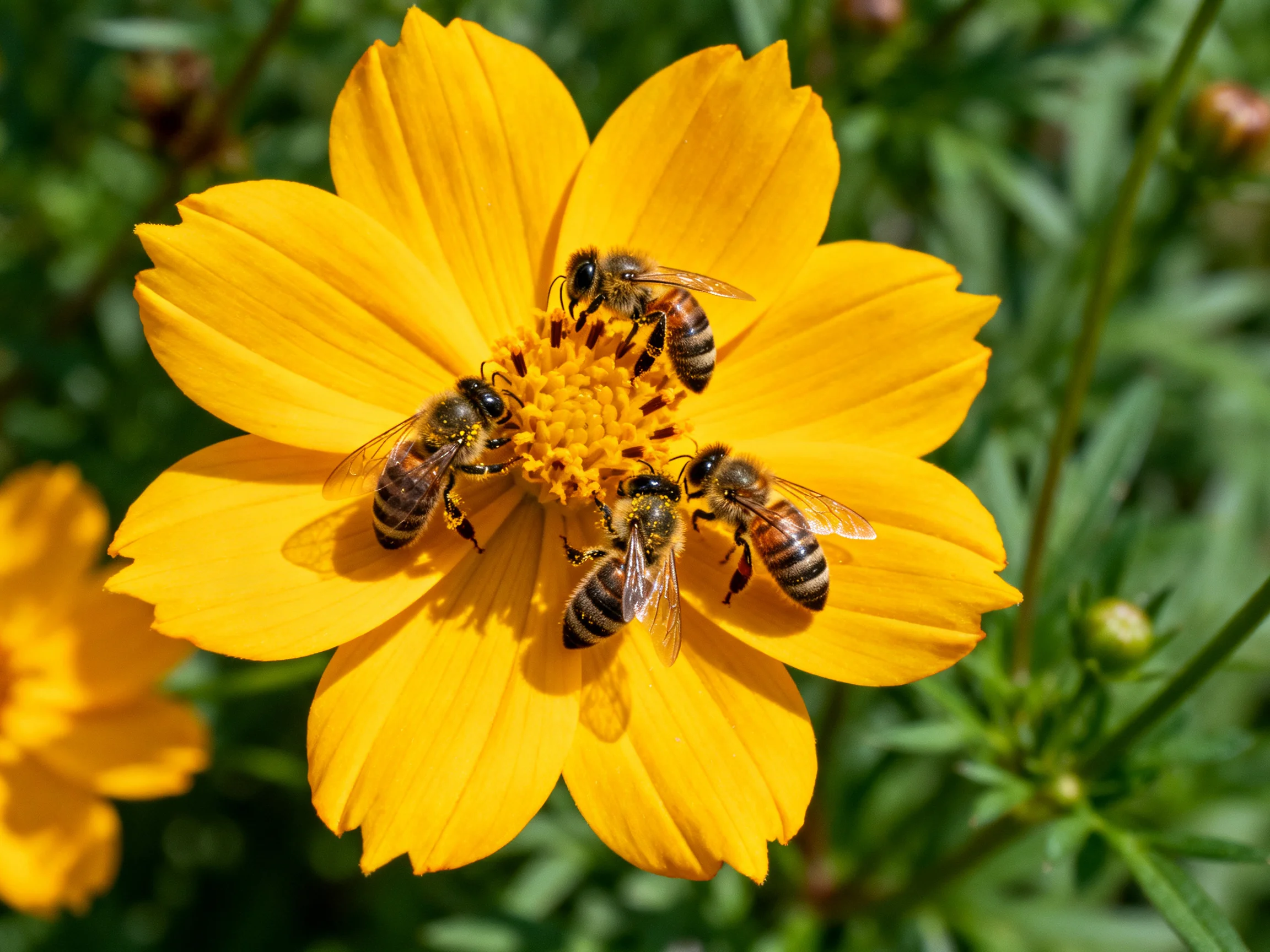 Four honeybees collecting nectar from a vibrant yellow flower