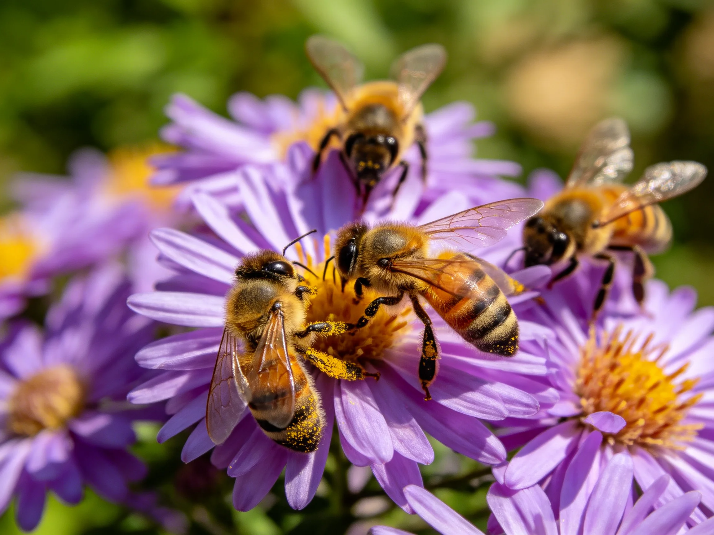 Four honeybees collecting nectar from vibrant purple aster blooms