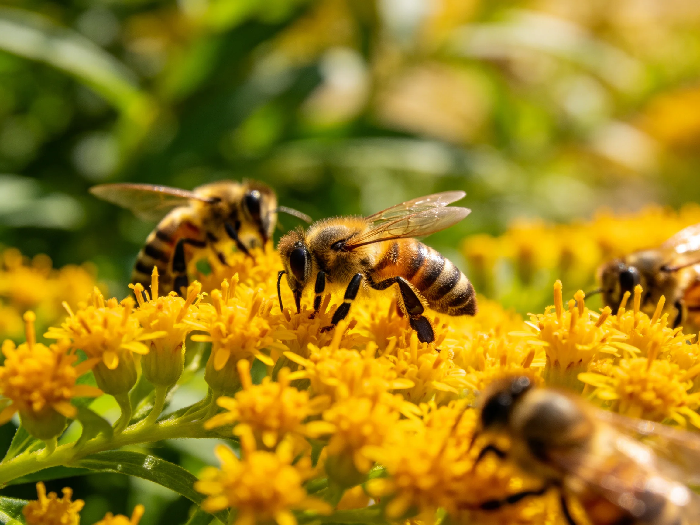 Four honeybees collecting nectar from vibrant yellow flowers