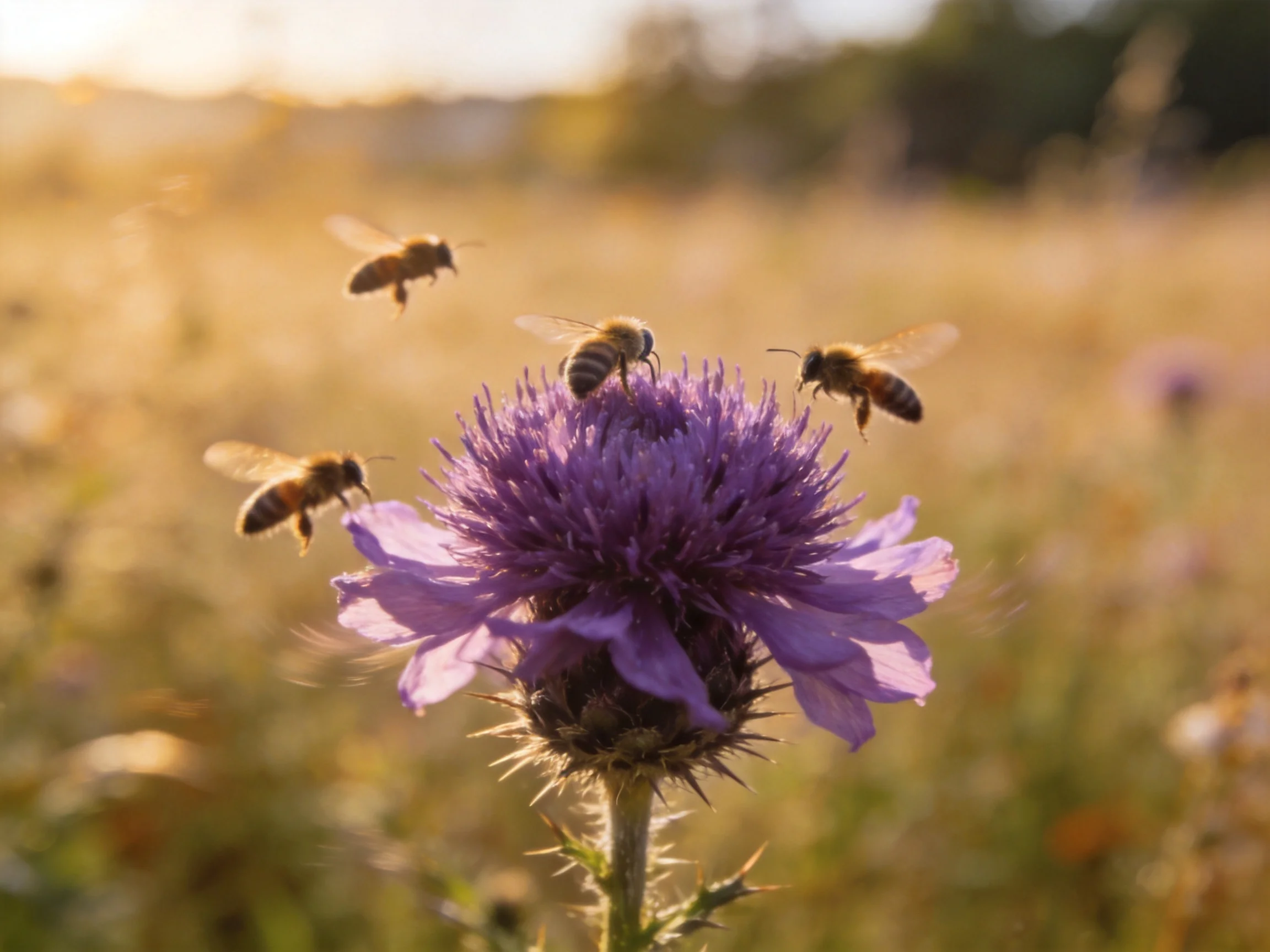 Four honeybees gather nectar from a vibrant purple thistle in a sunlit meadow