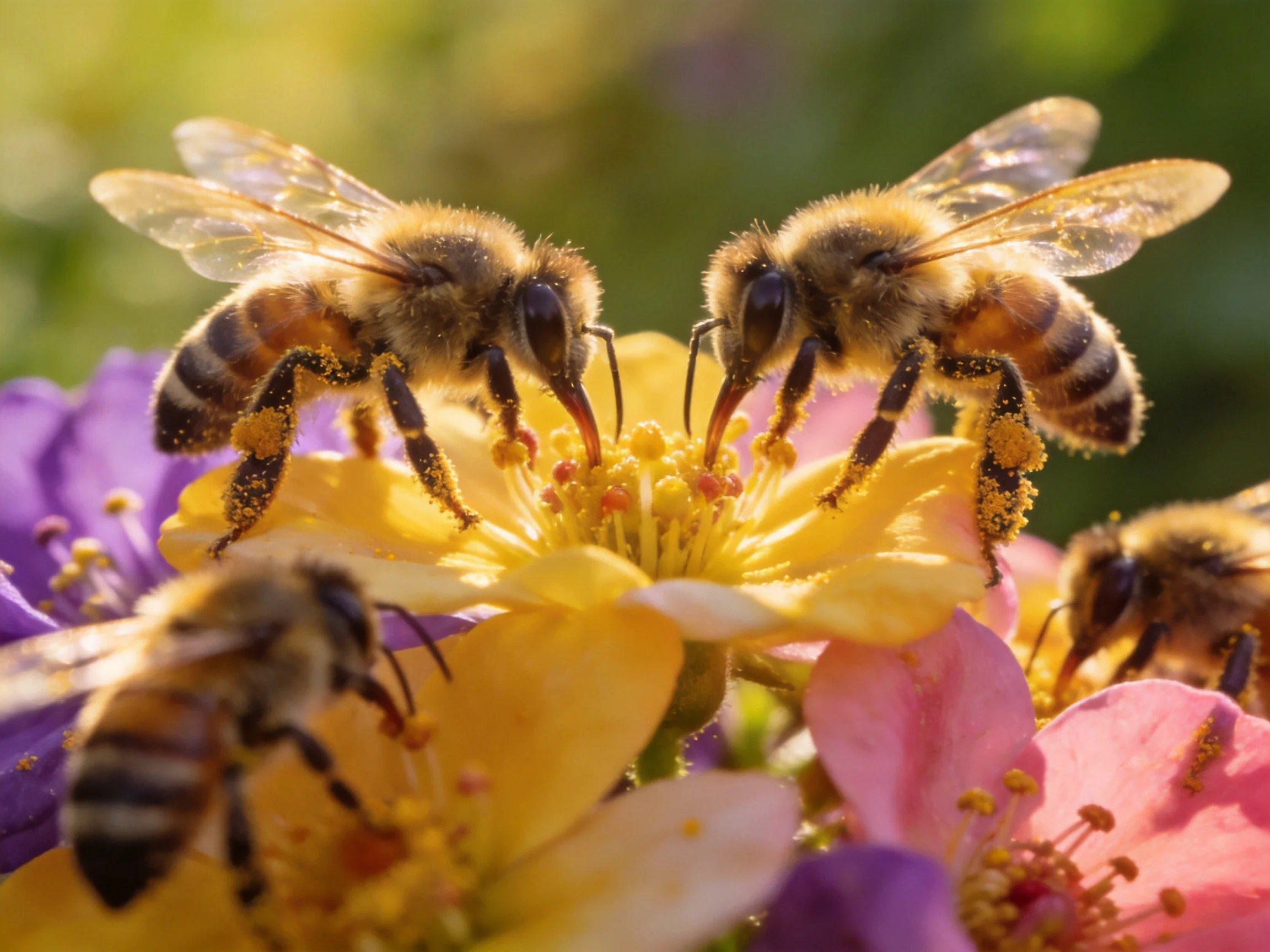 Four honeybees interacting with colorful flowers