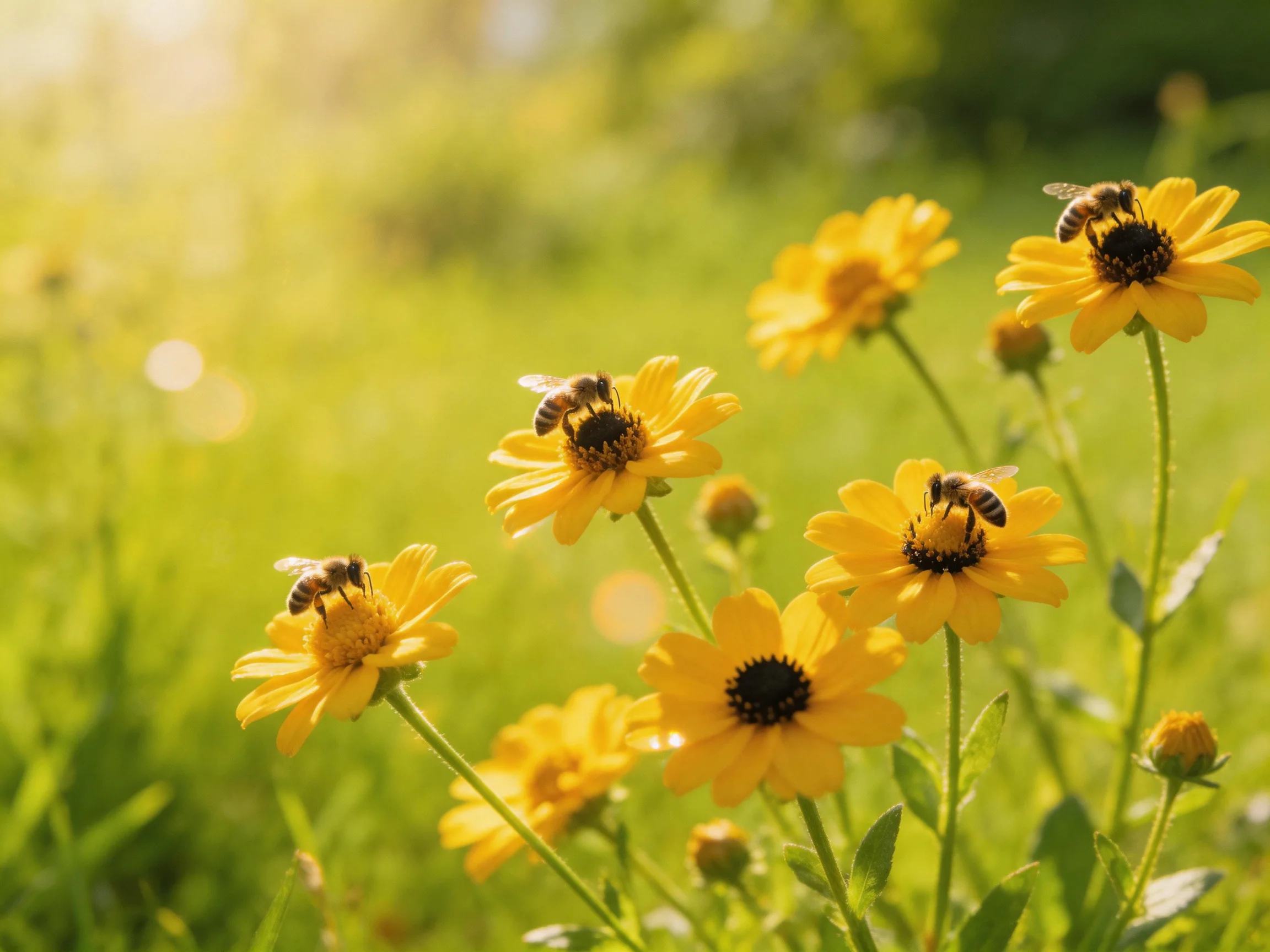 Four honeybees pollinate bright yellow wildflowers in a sunlit meadow