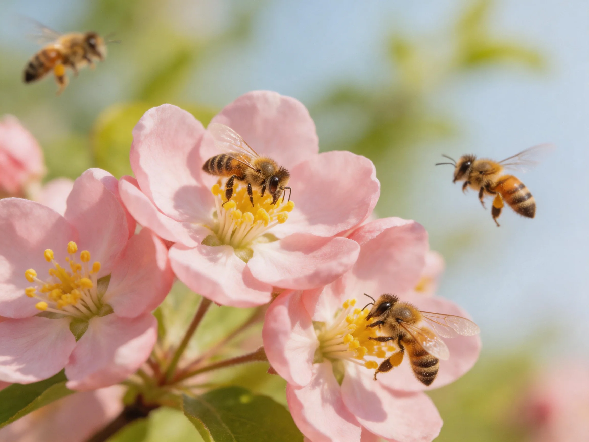 Four honeybees pollinating soft pink spring blossoms
