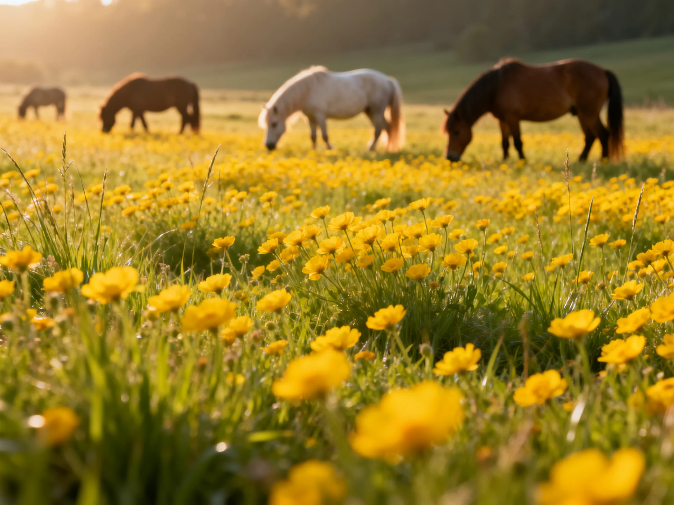 Four horses graze in a sunlit meadow of golden blooms