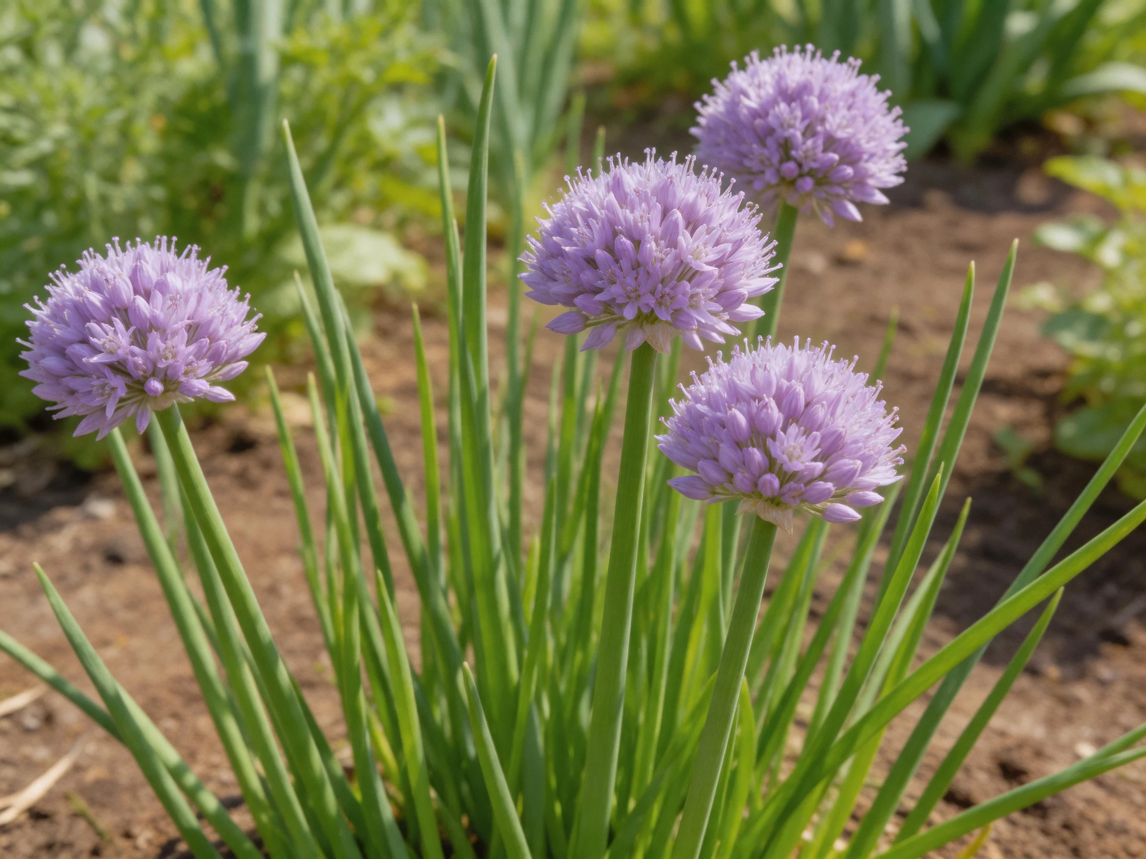 Four lavender chive blooms rise from slender green stems in a sunlit garden bed
