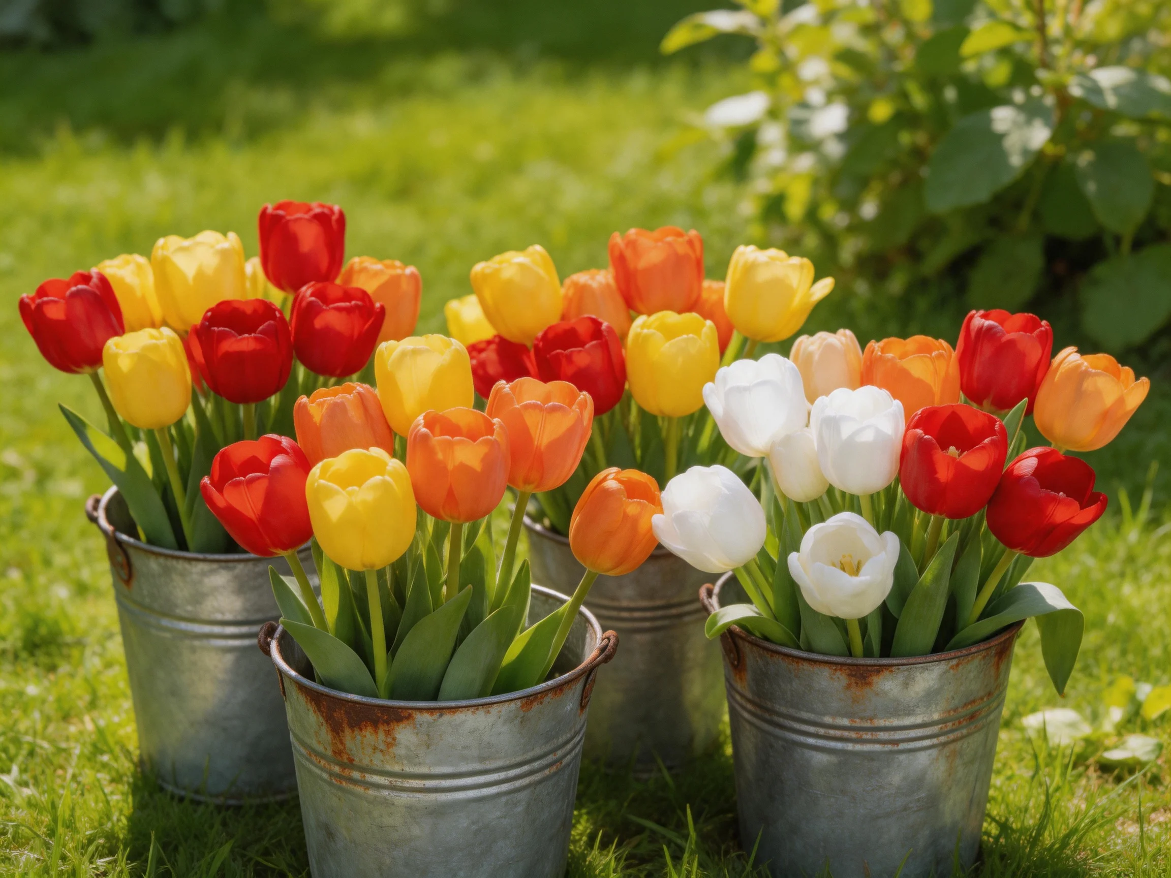 Four metal buckets hold vibrant tulip bouquets in a sunny garden