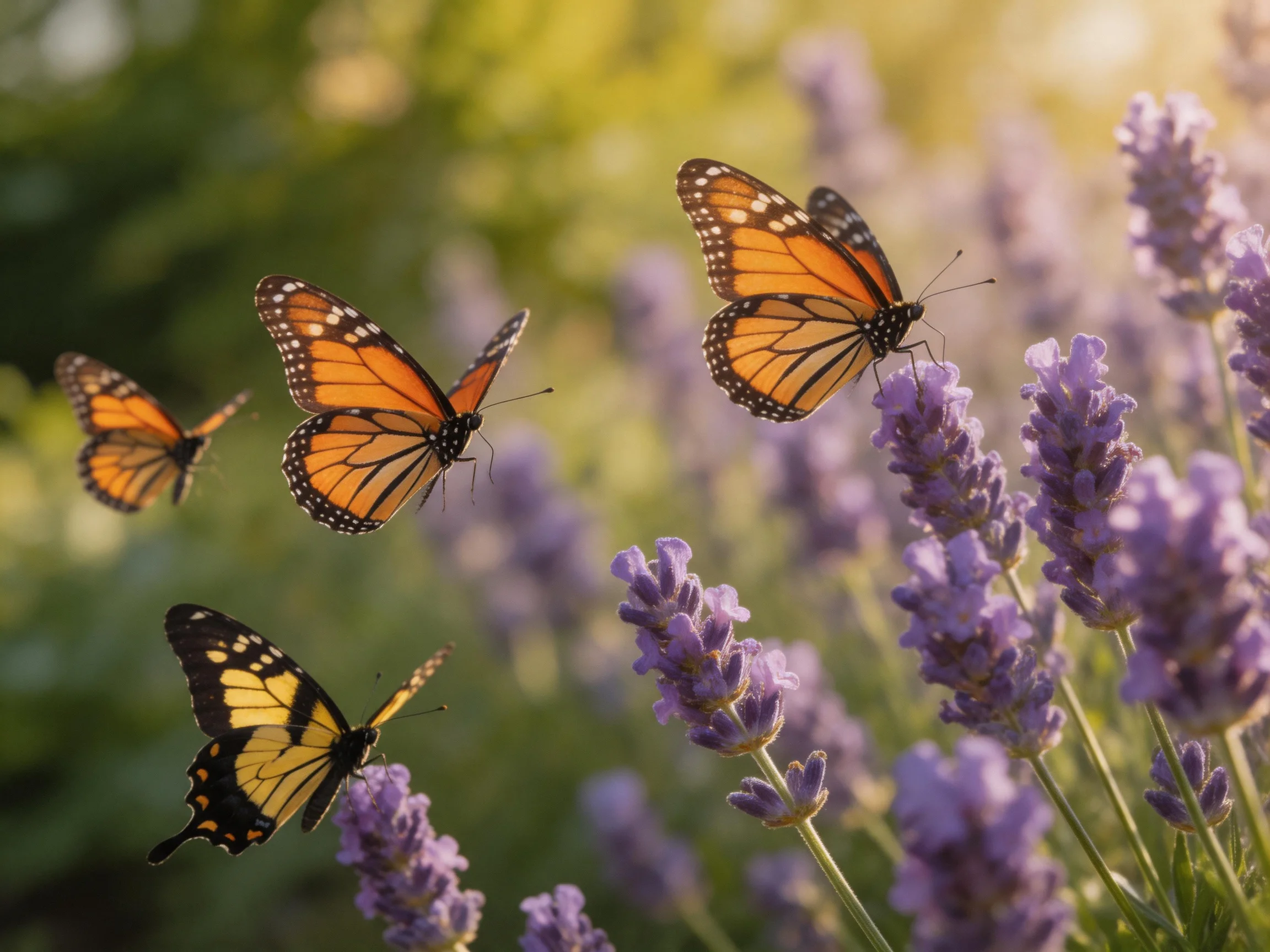 Four monarch butterflies flutter among blooming lavender