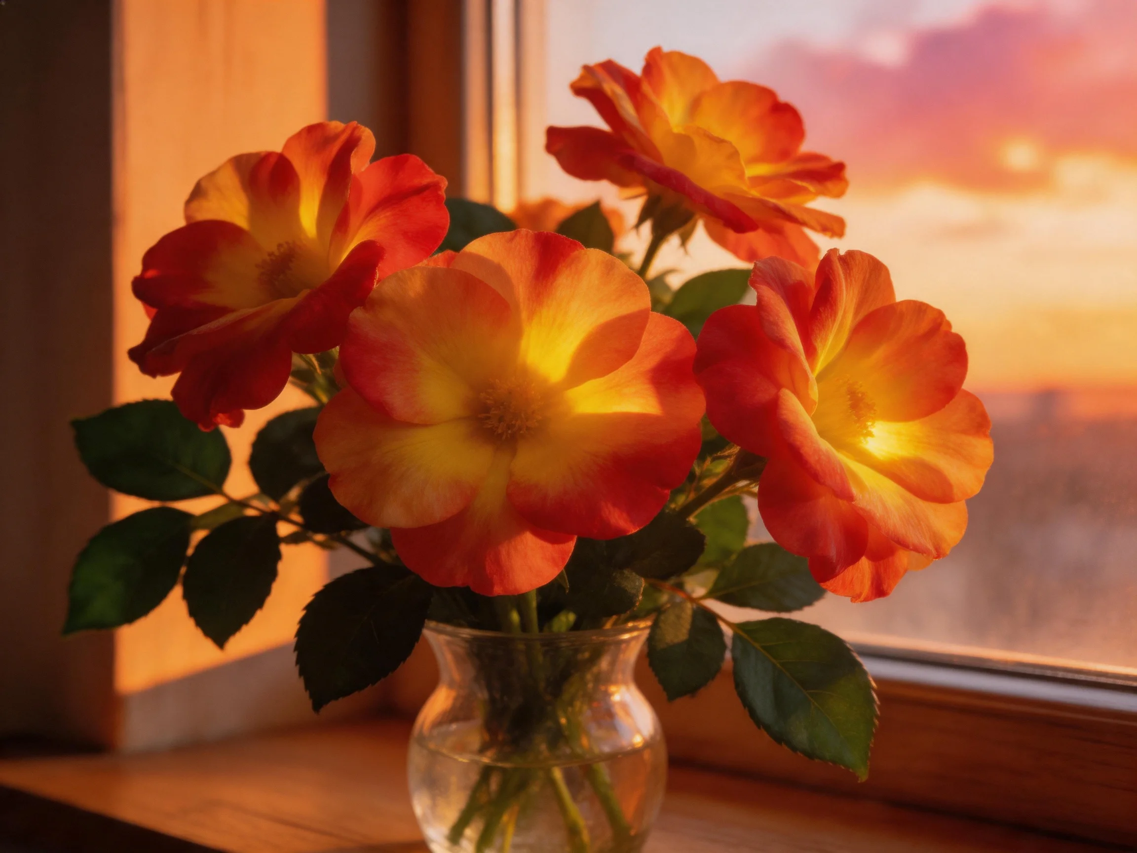 Four orange-yellow roses in a glass vase by a sunset window